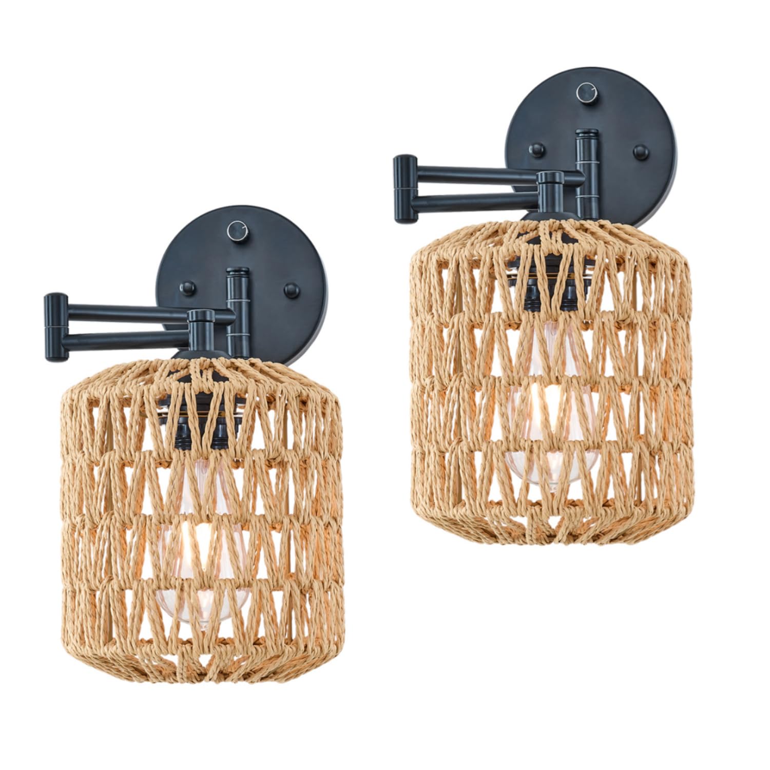 Modern Rattan Wall Sconce, Swing Arm Black Wall Lamp with Boho Woven Lampshade & Dimmable On/Off Switch, Wall Mount Reading Light Fixture Bedside Lamp for Stairway Bedroom Living Room Office