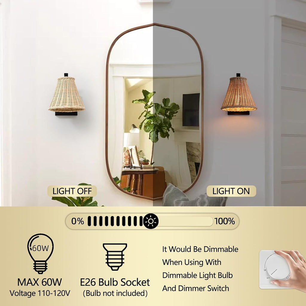 Boho Rattan Wall Sconce Set of Two, Wrapped Wall Light Fixtures with Hand Woven Wicker Lamp Shade, Farmhouse Rustic Indoor Wall Mount Lighting Fixture for Bedroom Bedside Living Room Hallway Bathroom