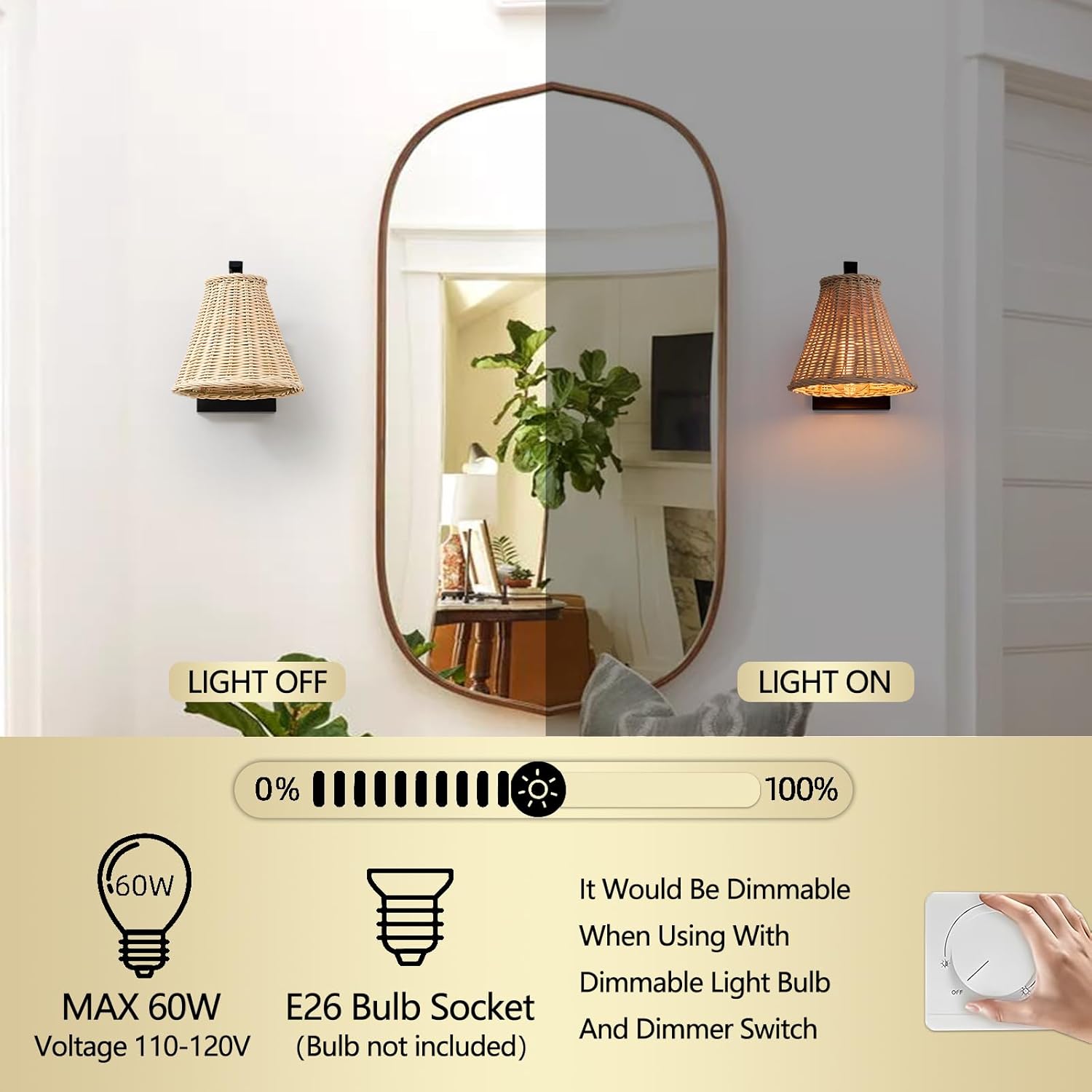 Boho Rattan Wall Sconce Set of Two, Wrapped Wall Light Fixtures with Hand Woven Wicker Lamp Shade, Farmhouse Rustic Indoor Wall Mount Lighting Fixture for Bedroom Bedside Living Room Hallway Bathroom