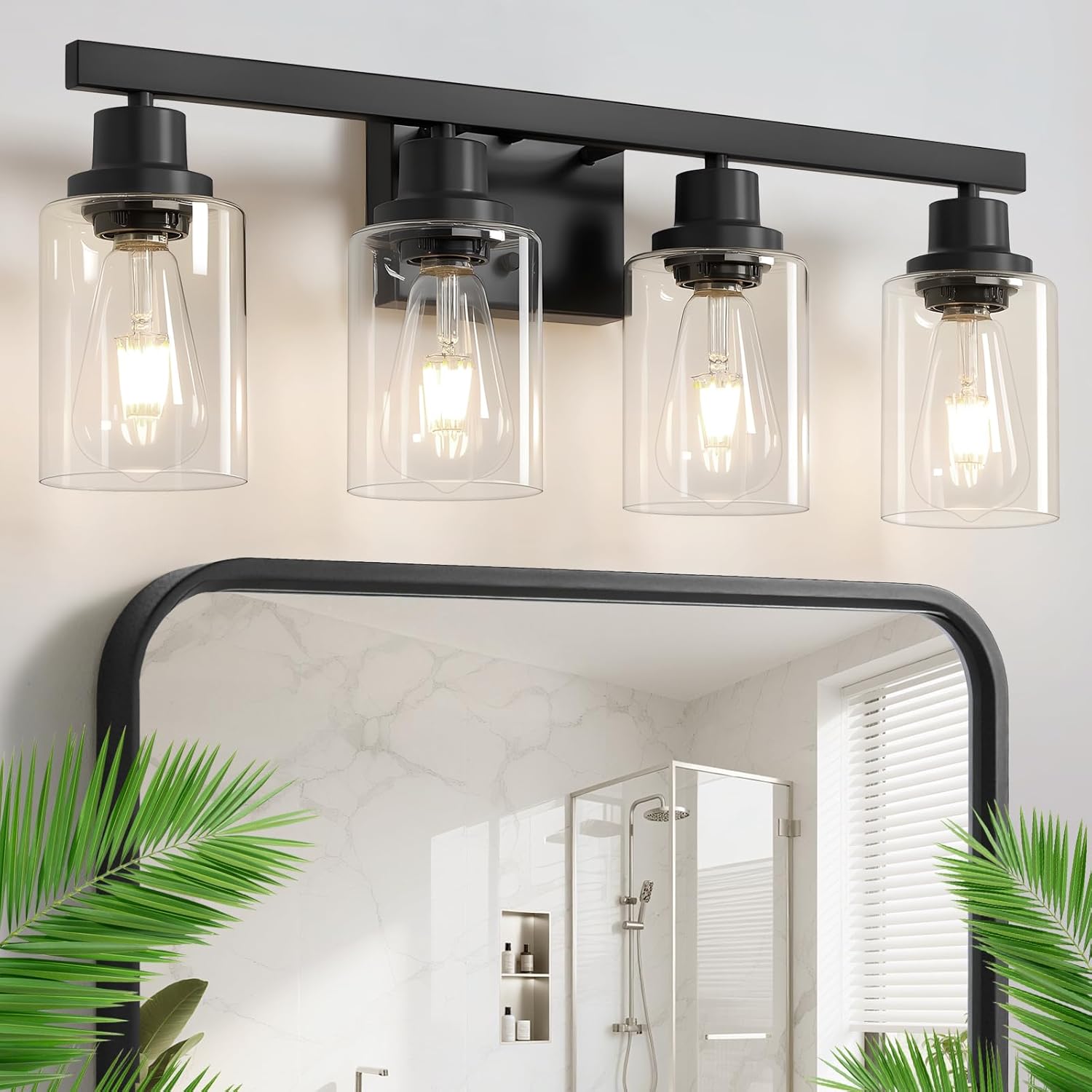 4-Light Bathroom Vanity Light, Modern Matte Black Wall Sconce Lighting with Clear Glass Shade, Bathroom Lighting Fixtures Over Mirror,Vintage Wall Mounted Lamps for Mirror Bedroom,Living Room