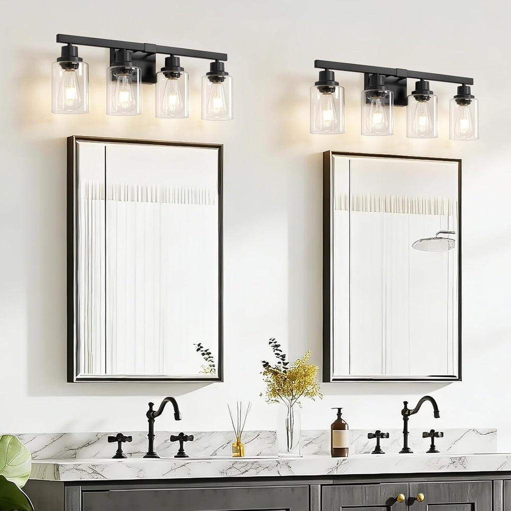 4-Light Bathroom Vanity Light, Modern Matte Black Wall Sconce Lighting with Clear Glass Shade, Bathroom Lighting Fixtures Over Mirror,Vintage Wall Mounted Lamps for Mirror Bedroom,Living Room
