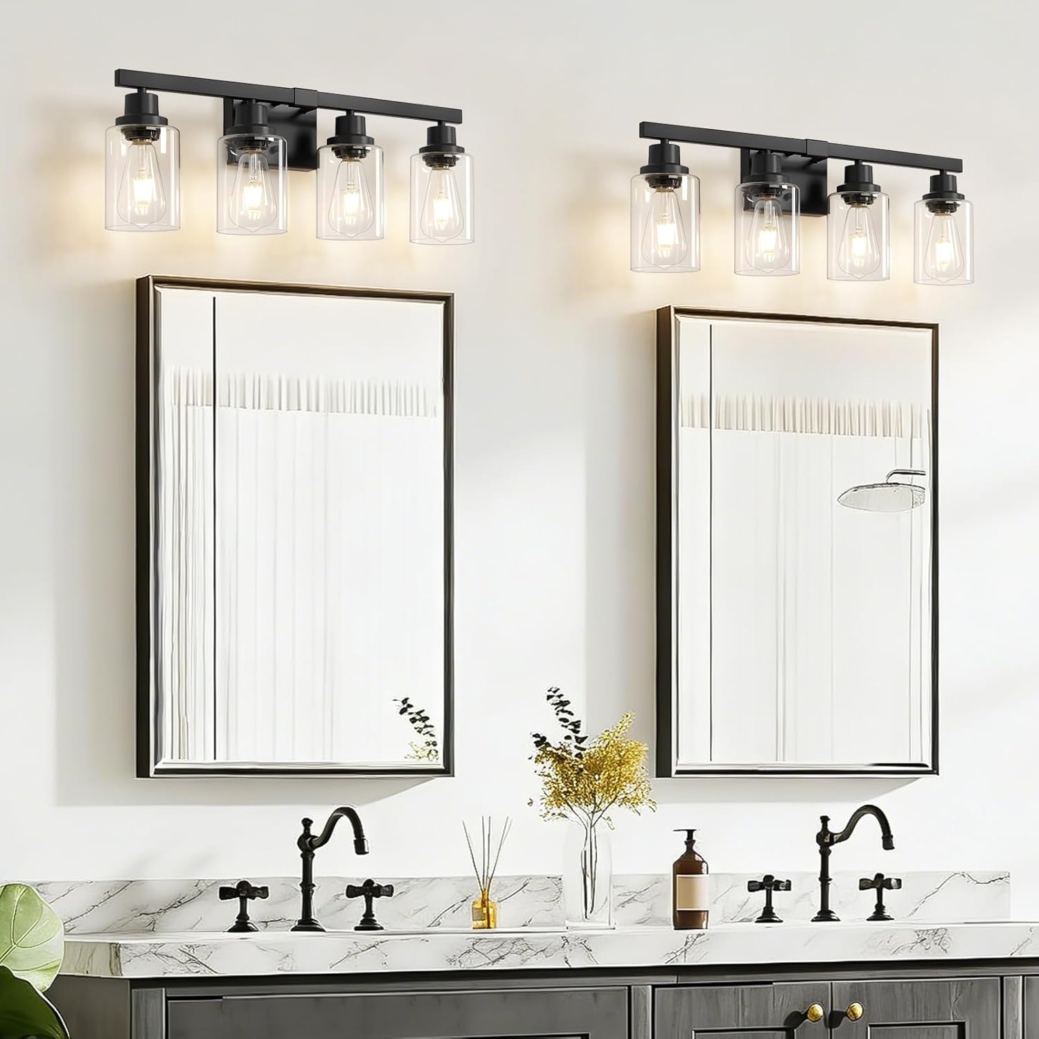 4-Light Bathroom Vanity Light, Modern Matte Black Wall Sconce Lighting with Clear Glass Shade, Bathroom Lighting Fixtures Over Mirror,Vintage Wall Mounted Lamps for Mirror Bedroom,Living Room
