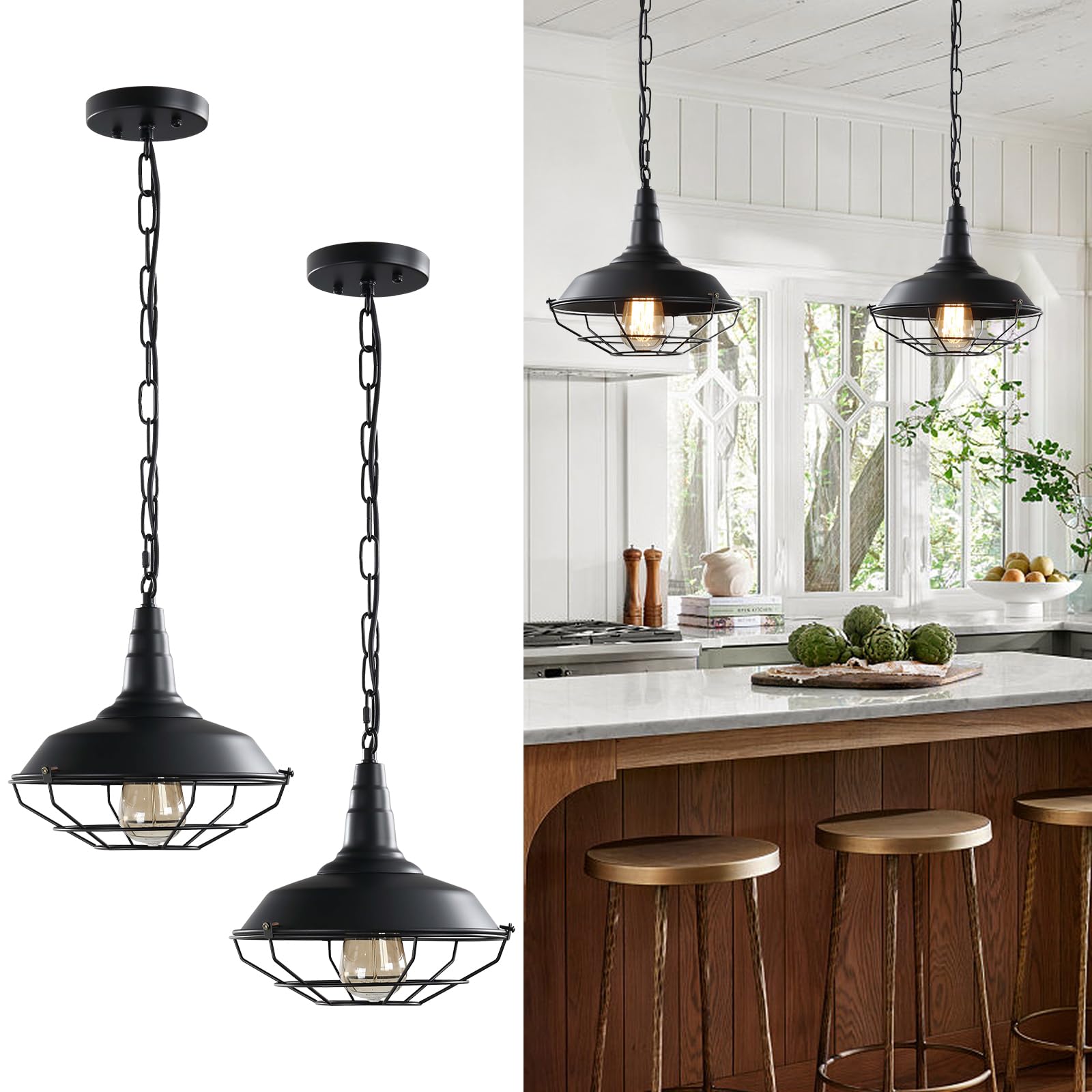 Black Farmhouse Pendant Light - 2 Pack Industrial Vintage Hanging Light Fixtures Metal Wire Cage Pendant Lighting with Adjustable Chain for Kitchen Barn Hallway Porch Dining Room