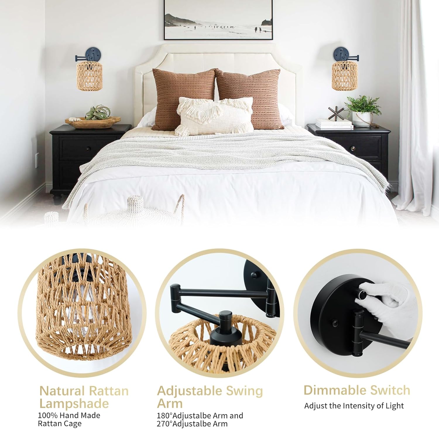 Modern Rattan Wall Sconce, Swing Arm Black Wall Lamp with Boho Woven Lampshade & Dimmable On/Off Switch, Wall Mount Reading Light Fixture Bedside Lamp for Stairway Bedroom Living Room Office