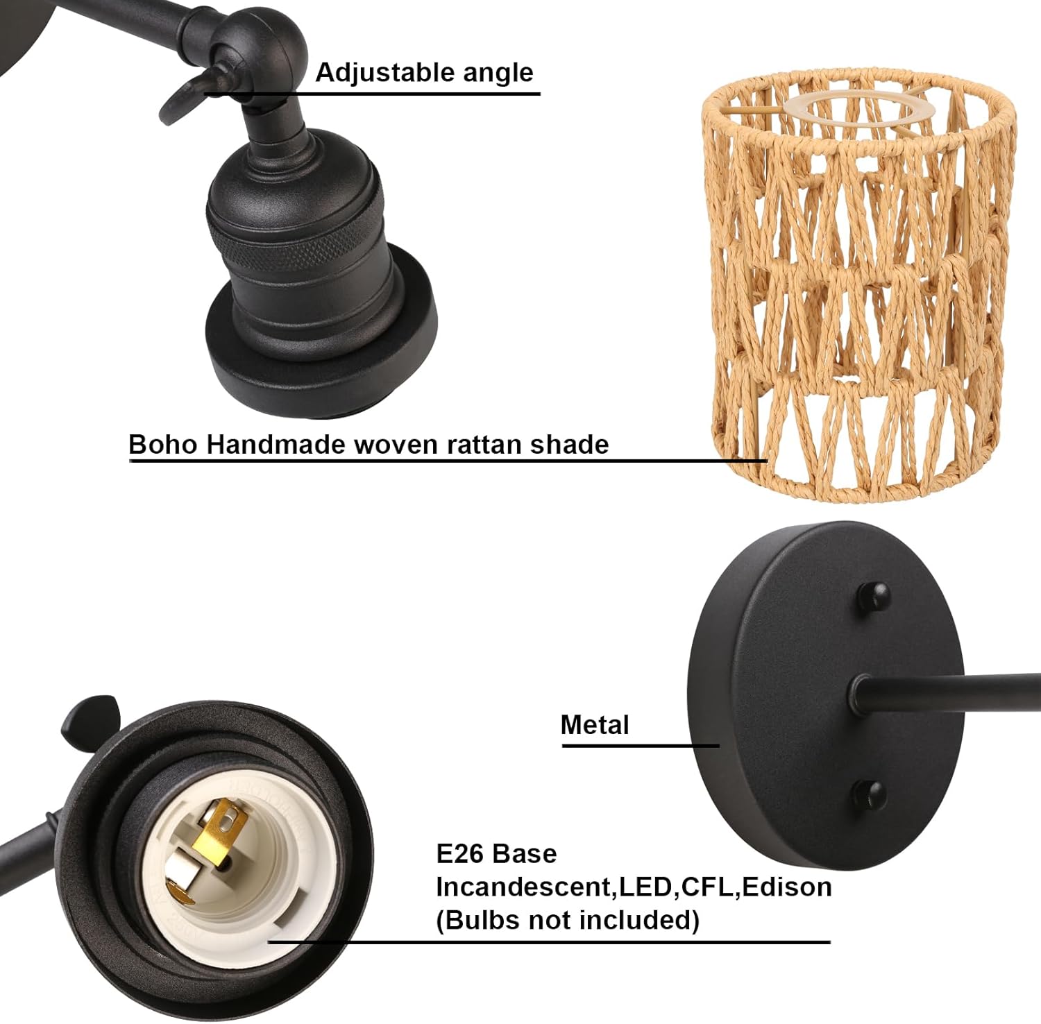 Yosoan Rattan Boho Wrapped Wall Sconce Light, Indoor Hardwired Hand-Woven Farmhouse Vintage Wall Lamps, Brass Handmade Braided Rope Small Straight Shade Wall Mount Fixture for Reading Hallway(Black)