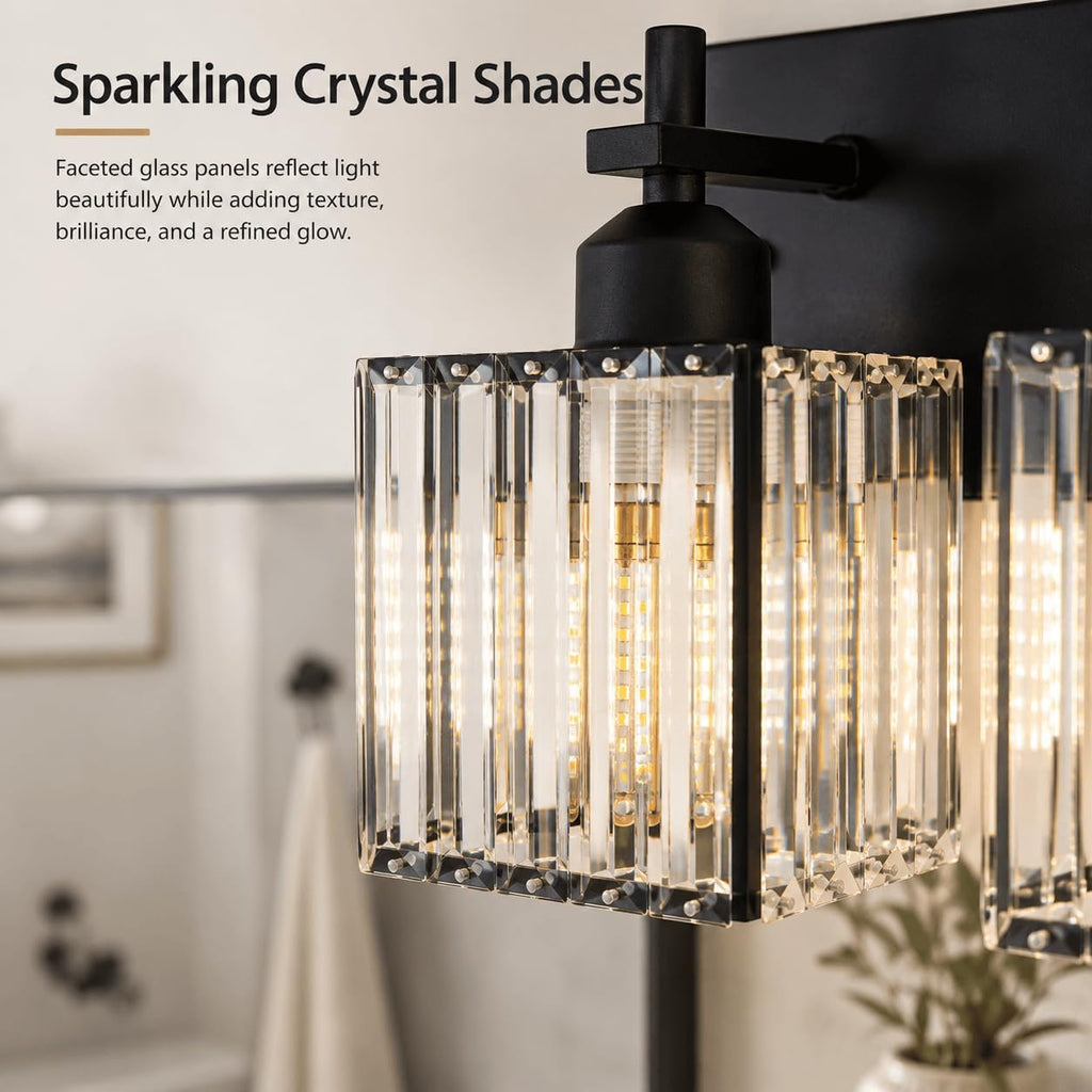 Modern Crystal Bathroom Vanity Lights, 3-Lights Matte Black Bathroom Light Fixtures Over Mirror,Wall Lamp for Living Room Hallway Cabinet