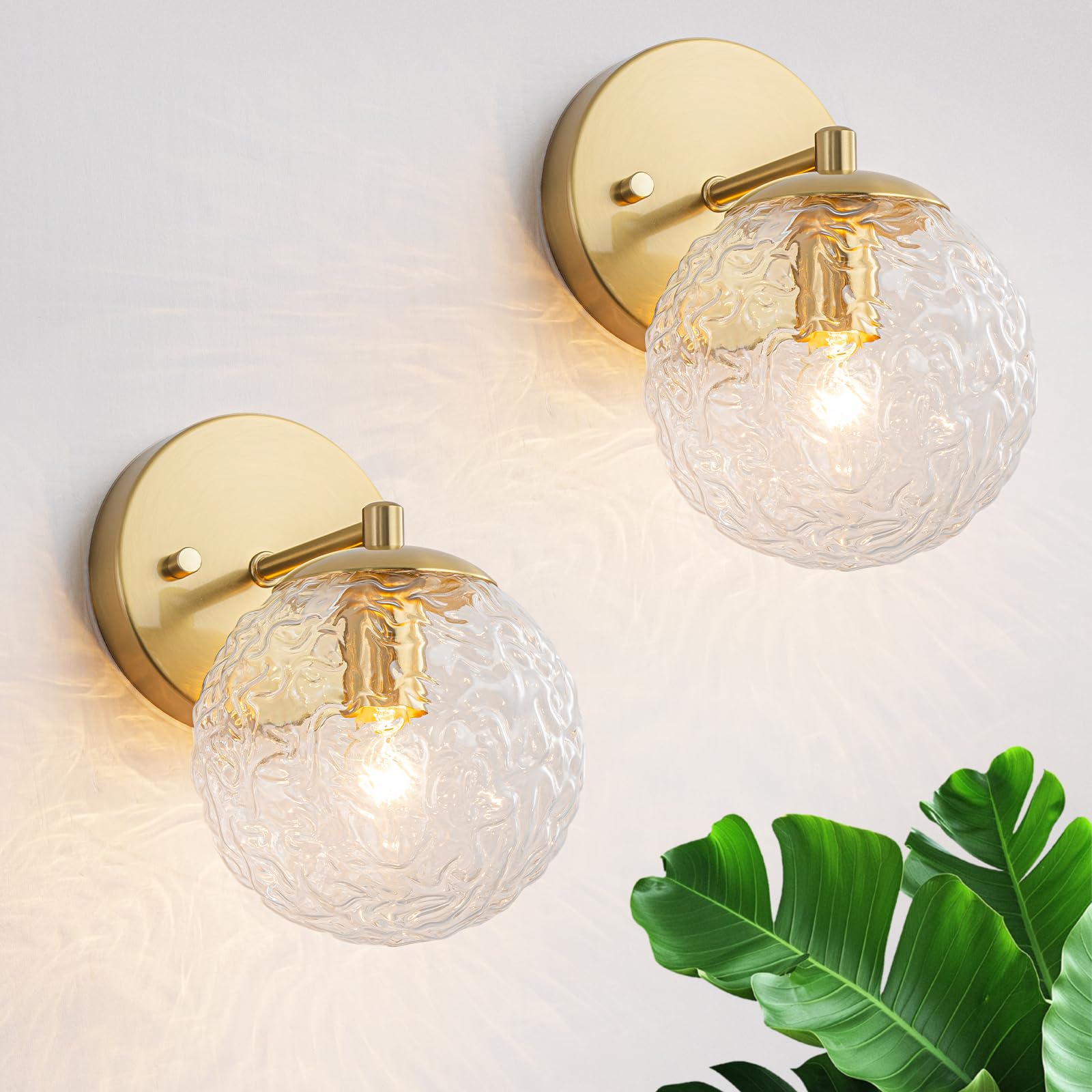 Rattan Wall Sconce Set of 2, Gold Boho Wall Sconces 12” High Hand Woven Wall Lamp Light with Rope Shade, Coastal Sconce for Vanity Bedroom Living Room Hallway Kitchen Stair (Hardwired)