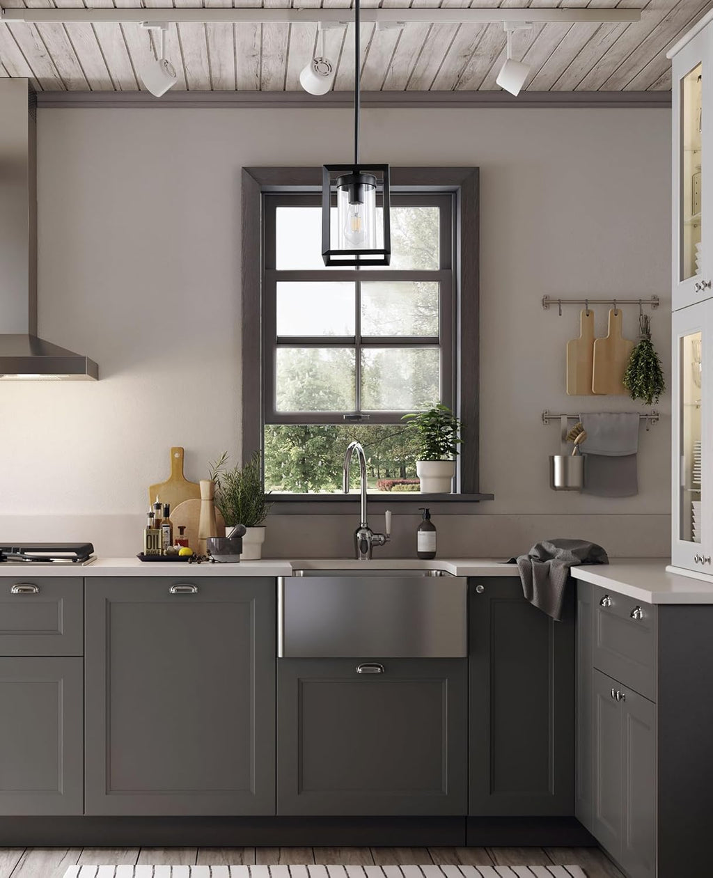 2 Pack Farmhouse Black Kitchen Island Pendant Light Fixtures,Height Adjustable Metal Rod Hanging Modern Pendant Lighting with Metal Cage and Clear Glass Shade for Entryway Bedroom