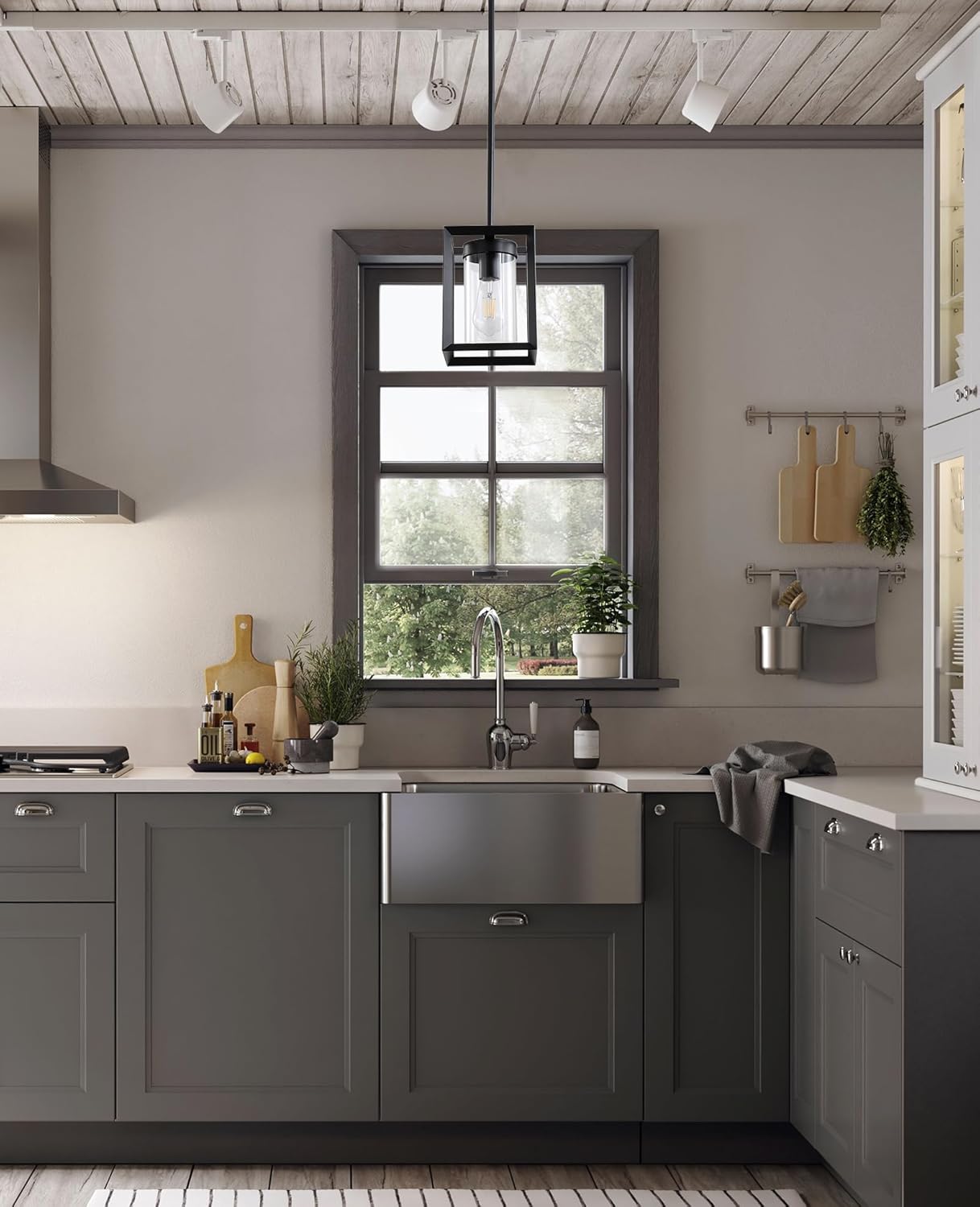 2 Pack Farmhouse Black Kitchen Island Pendant Light Fixtures,Height Adjustable Metal Rod Hanging Modern Pendant Lighting with Metal Cage and Clear Glass Shade for Entryway Bedroom