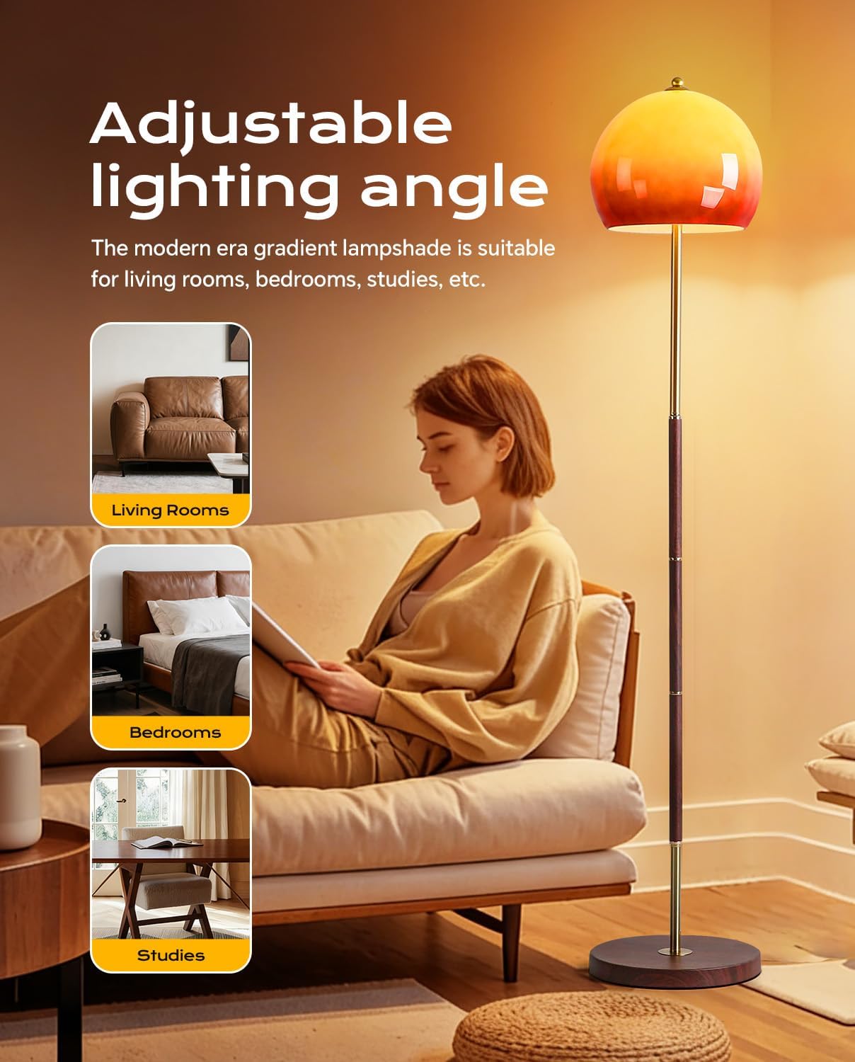 Orange Mushroom Floor Lamp, Vintage Floor Lamp with Gradient Glass Shade & Walnut Color Finish, Mid Century Modern Brushed Gold Standing Lamp for Living Room, Bedroom, Office
