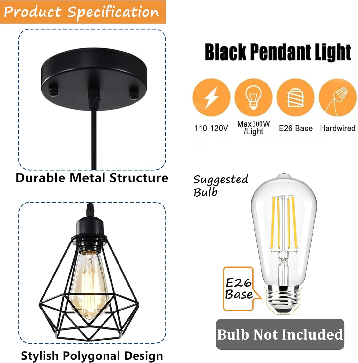 COTTAGE LIFE Black Pendant Light Fixtures 2 Pack, Farmhouse Industrial Metal Cage Pendant Lights, Adjustable Hanging Light Fixtures for Kitchen Island, Dining Room, Bar, Bedroom, Hallway