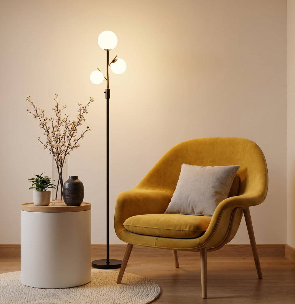 Fiqevs Mid Century Modern 3 Globe Tree Floor Lamp - Dimmable LED Standing Lamp with Bulbs, Warm Light for Living Room Bedroom Office - Antique Brass/Gold
