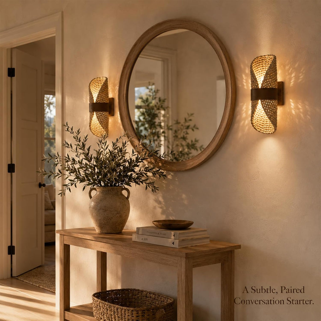 Boho Rattan Wall Sconces with Brown Leather Strap,Handmade Woven Wall Lamp with Wood Grain Base＆G9 Bulb, Rustic Hardwired Wall Lights for Living Room Bedside Hallway