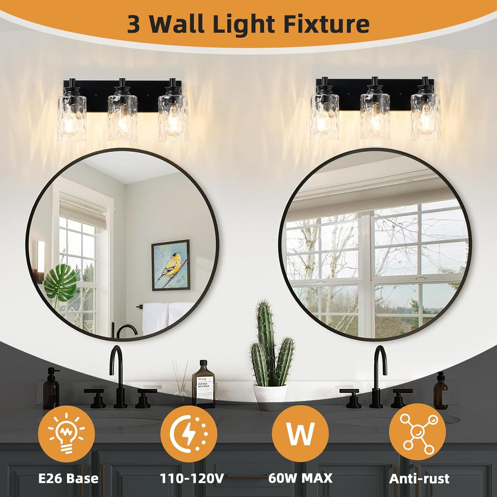 3-Light Black Vanity Light, Modern Bathroom Fixture with Hammered Glass Shades