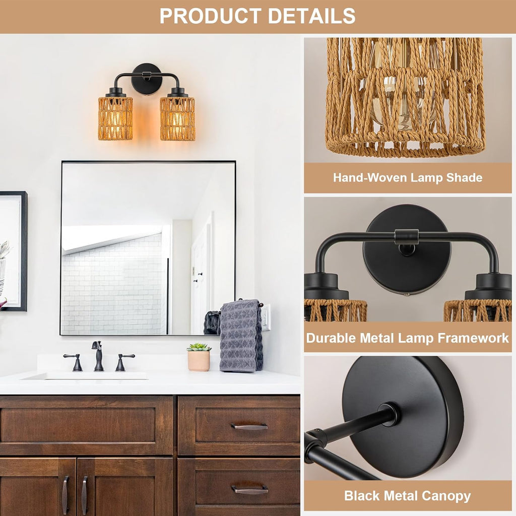 Boho Bathroom Light Fixtures, Rustic 2-Light Vanity Lights Over Mirror, Farmhouse Rattan Vanity Lighting with Hand-Woven Shades for Bedroom Bathroom Hallway Restroom