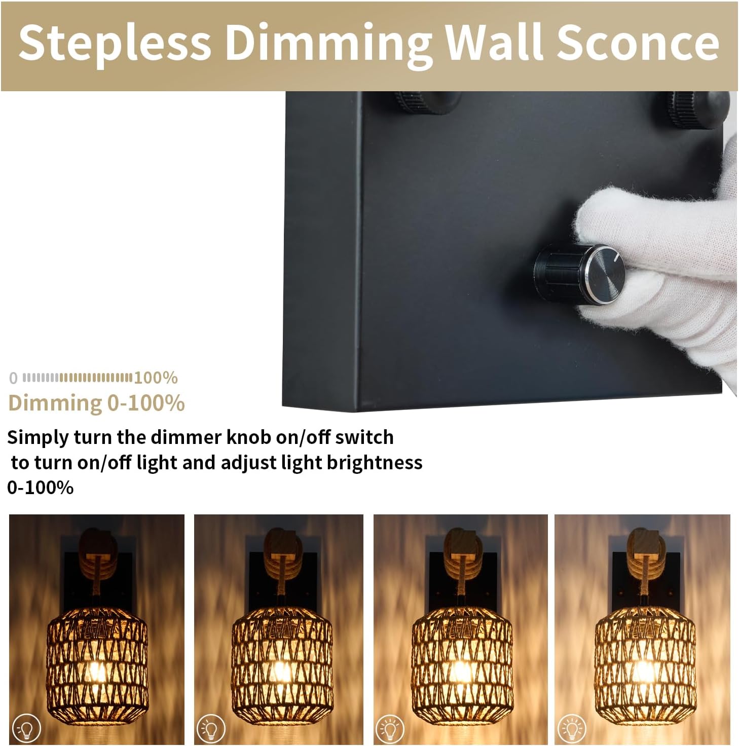 Rattan Boho Wall Sconces Set of Two, Hardwired Hand-Woven Farmhouse Wall Lamps with Wooden Arm & On/Off Dimmable Switch,Large Rustic Indoor Wall Mount Light Fixtures for Bedroom Nursery Bathroom
