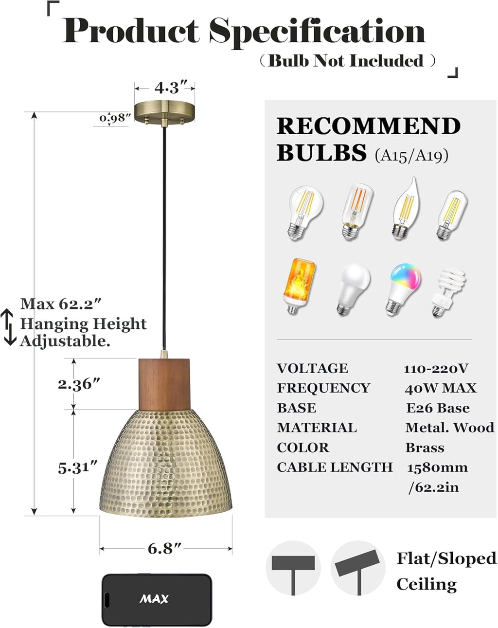 ELYONA Vintage Hammered Pendant Light Fixture, 7” Small Brushed Brass Metal Hanging Light Solid Wood Antique Gold Pendant Lamp for Kitchen Island, Farmhouse, Dining Room, Adjustable Height