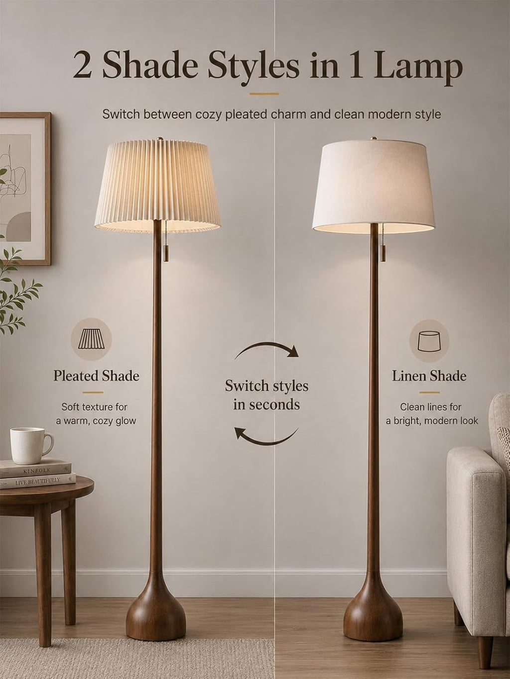 MOFFE 65" Mid Century Real Wood Floor Lamp with Remote, Sculptural Standing Lamp with Teardrop Base & Wooden Pull Chain, Dimmable with Adjustable Color Temperature & Timer (Bulb Included)