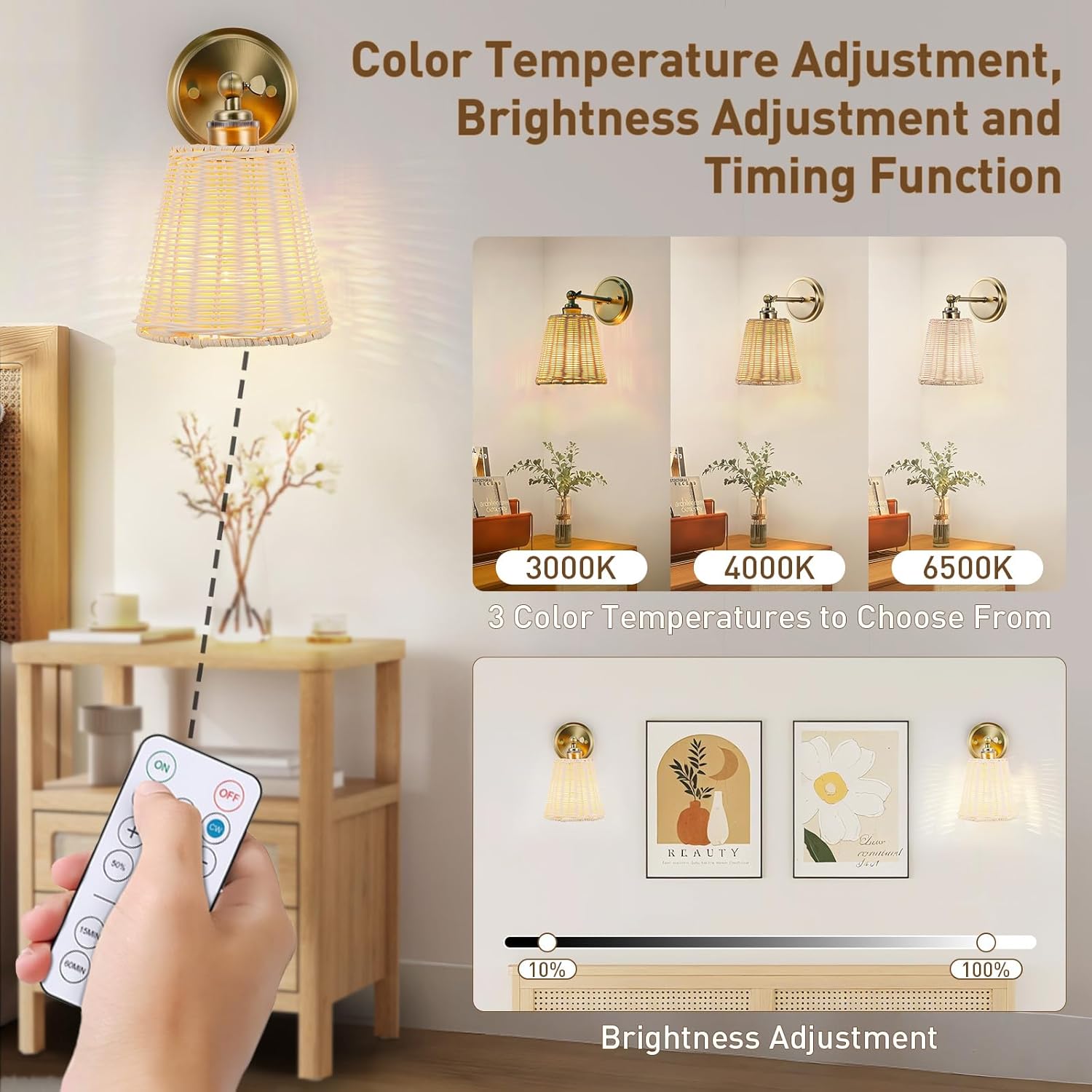 Rattan Battery Operated Wall Sconce Set of Two, Hand-Woven Wicker Lampshade, Rechargeable Wall Lights for Bedroom with Remote, Dimmable Bulb Plug-in or Hardwire Wall Sconces for Hallway Living Room
