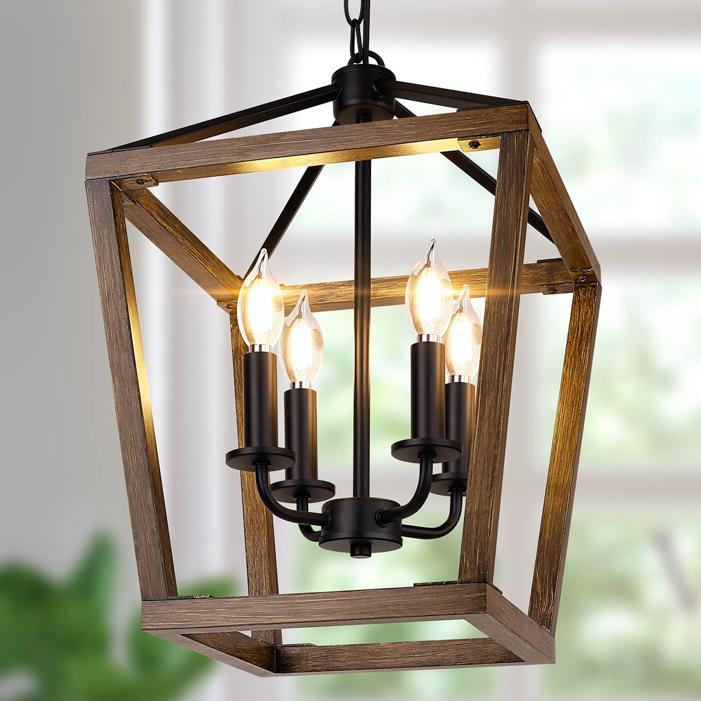 BrightHome Farmhouse Chandelier 4-Light, Black Pendant Light Fixture for Kitchen Island Dining Room, Lantern Industrial Lighting Ceiling Hanging with Metal Cage Adjustable Height for Entryway Foyer