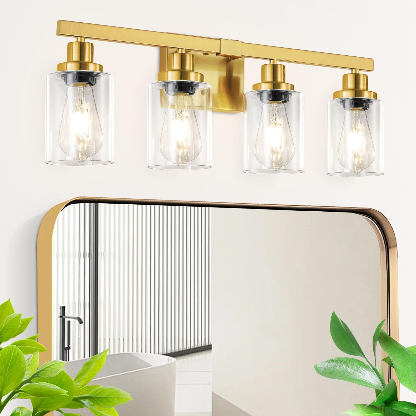 4-Light Bathroom Vanity Light, Modern Matte Black Wall Sconce Lighting with Clear Glass Shade, Bathroom Lighting Fixtures Over Mirror,Vintage Wall Mounted Lamps for Mirror Bedroom,Living Room