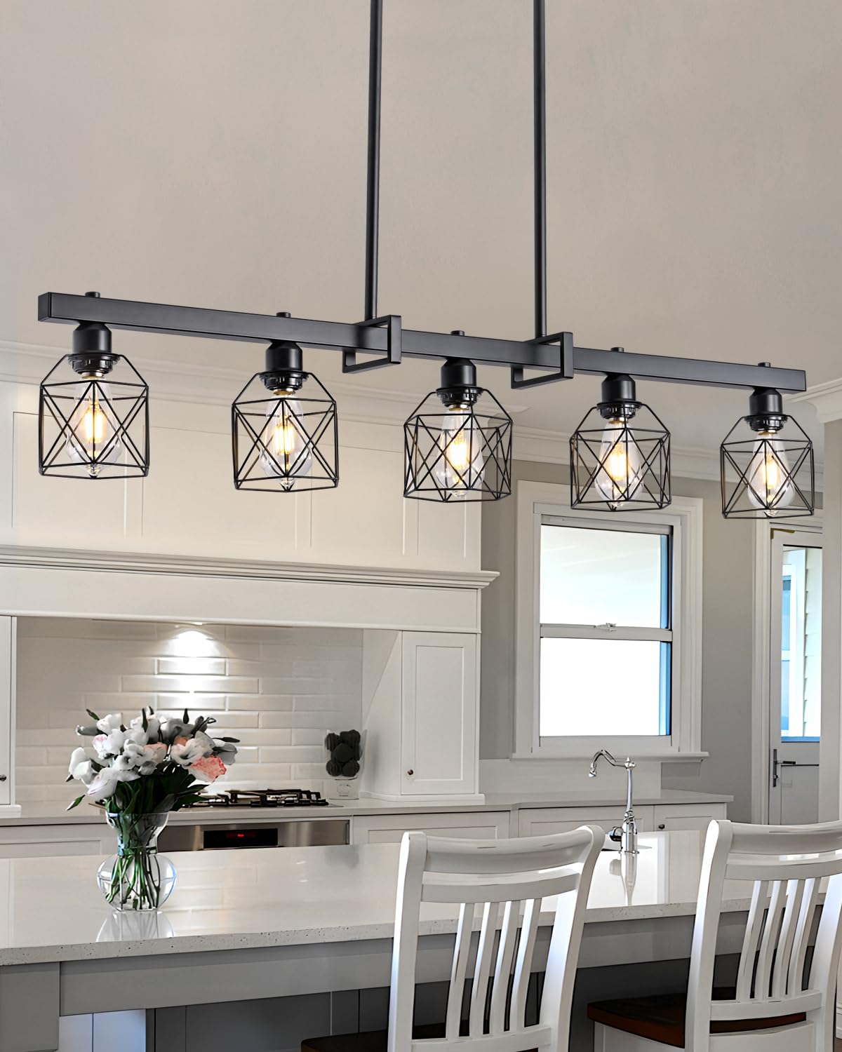 Industrial Pendant Light Fixture, 3-Light Kitchen Island Lighting with Wood Grain Bar and Black Metal Cage, Farmhouse Rustic Hanging Ceiling Lamp for Dining Room, Living Room