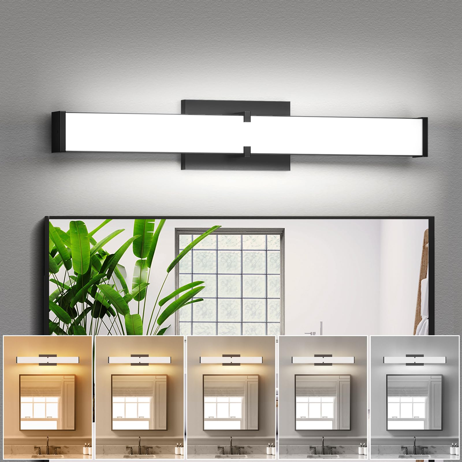 Modern 24IN Black Bathroom Vanity Light, 25W 2500 Lumen Dimmable, 5CCT, ETL Certified