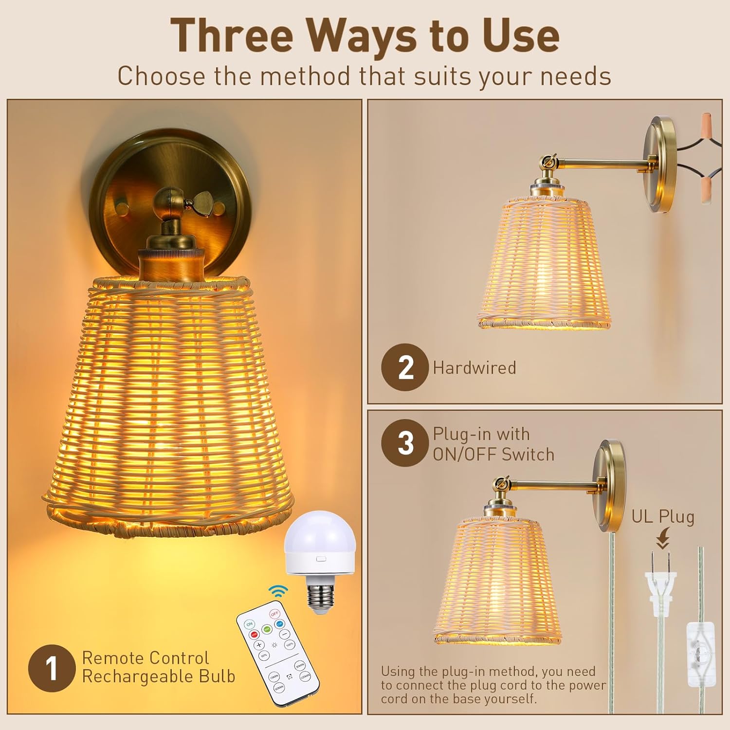 Rattan Battery Operated Wall Sconce Set of Two, Hand-Woven Wicker Lampshade, Rechargeable Wall Lights for Bedroom with Remote, Dimmable Bulb Plug-in or Hardwire Wall Sconces for Hallway Living Room