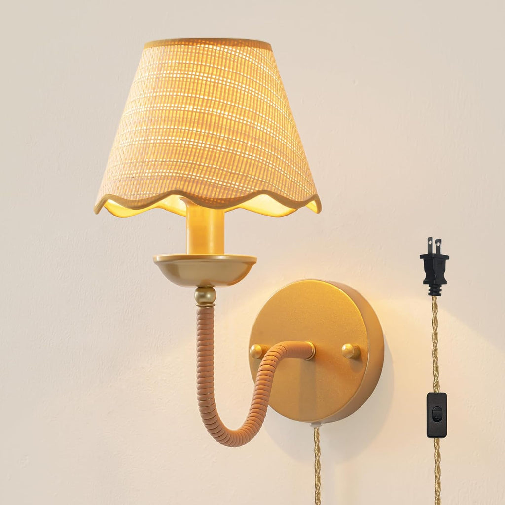 Rattan Wall Sconce,Boho Hand-Woven Gold Wall Light,Rustic Modern Rattan Sconce Lighting,Gold Plug in Wall Lights for Living Room,Bedroom,Hallway,Vanity,1-Light