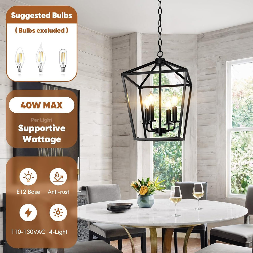 BrightHome Farmhouse Chandelier 4-Light, Black Pendant Light Fixture for Kitchen Island Dining Room, Lantern Industrial Lighting Ceiling Hanging with Metal Cage Adjustable Height for Entryway Foyer