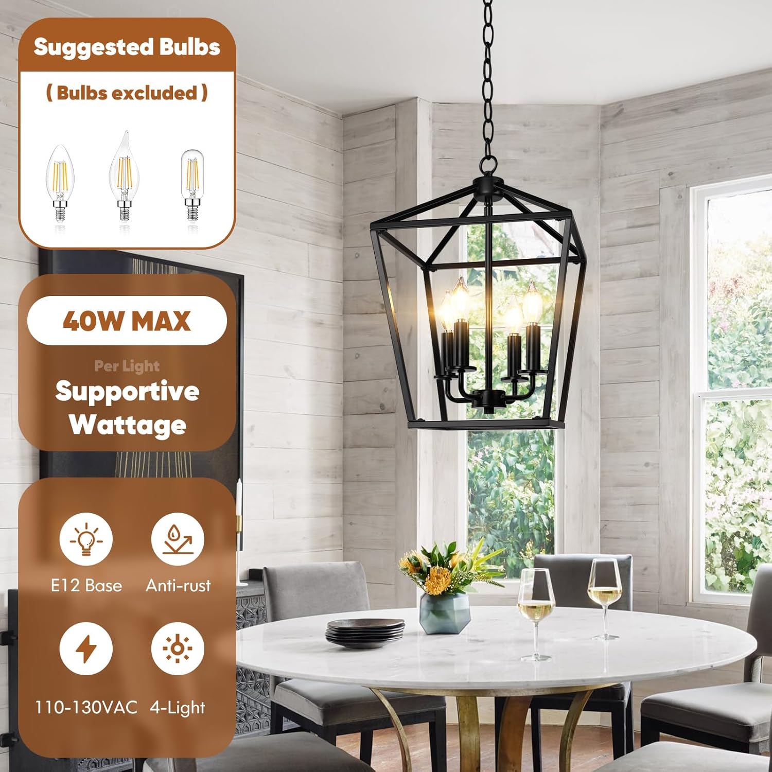 BrightHome Farmhouse Chandelier 4-Light, Black Pendant Light Fixture for Kitchen Island Dining Room, Lantern Industrial Lighting Ceiling Hanging with Metal Cage Adjustable Height for Entryway Foyer