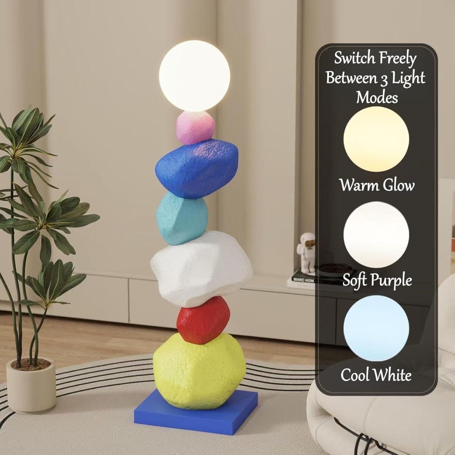 Pebble Stacked Stone Floor Lamp - Modern Nordic LED RGB Touch Light, Tri Color Dimming Atmosphere Light, Artistic Zen Design for Living Room, Bedroom, and Corner, Key Lighting (Brown)