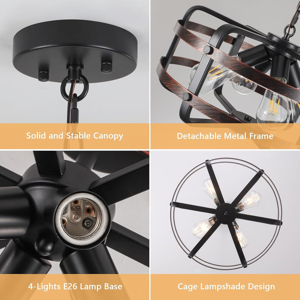 17.71" 4-Light Black Cage Chandelier, Modern Farmhouse Industrial Pendant Light for Dining Kitchen
