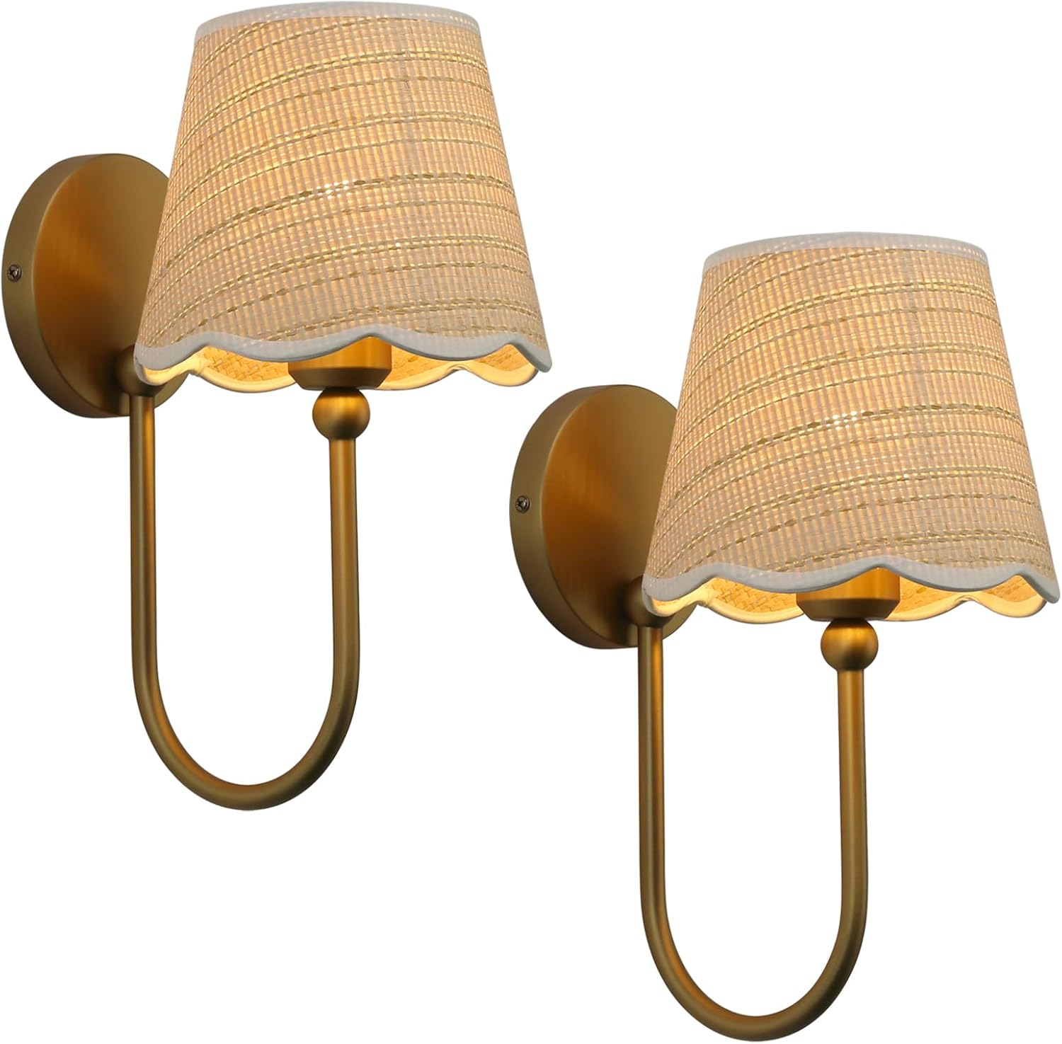 Pathson Hardwired Set of 2 Wall Sconces Boho Rattan Lampshade, Vintage Curved Arm Bathroom Vanity Lights, Indoor Wall Decor Lamp for Living Room, Bedroom, Foyer