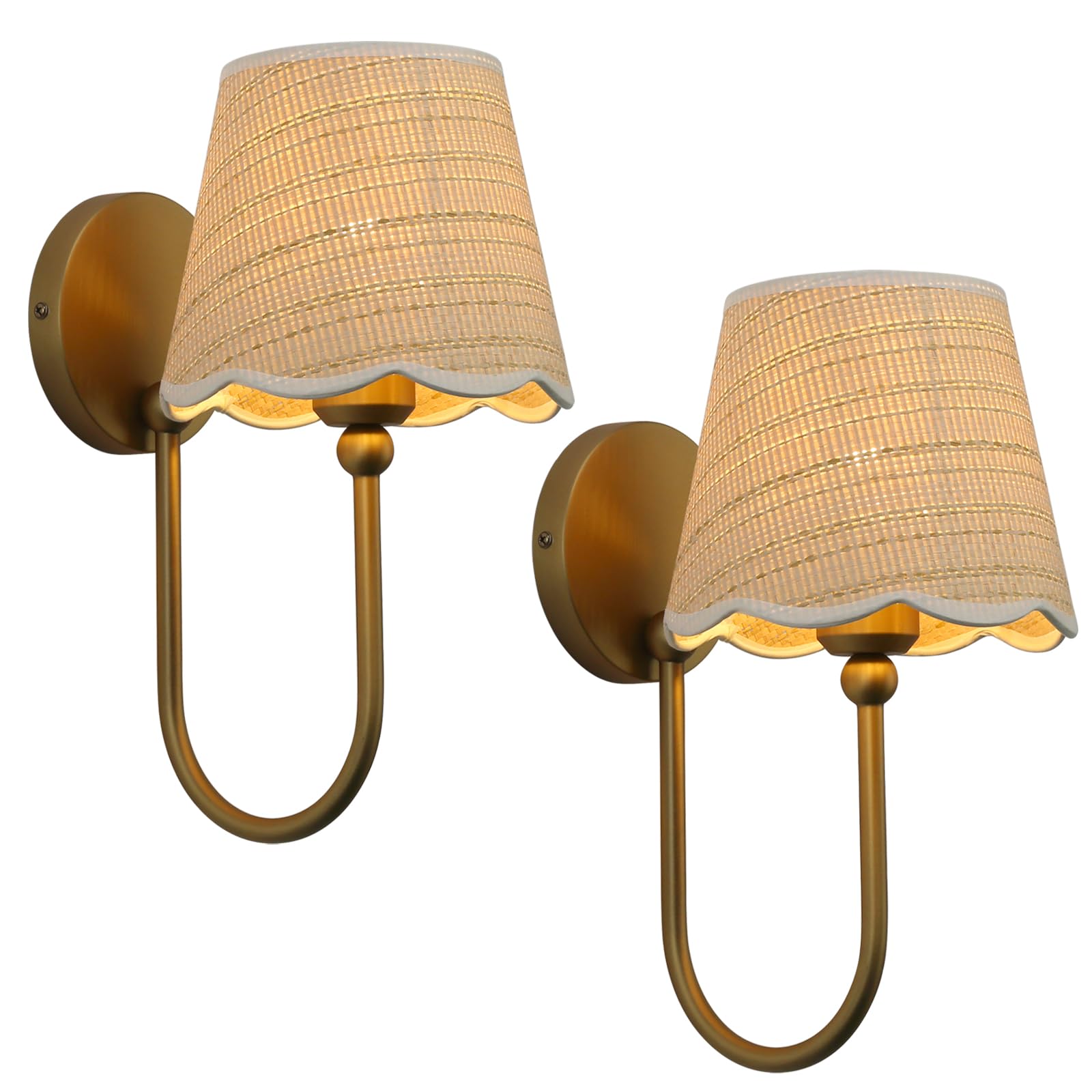 Pathson Hardwired Set of 2 Wall Sconces Boho Rattan Lampshade, Vintage Curved Arm Bathroom Vanity Lights, Indoor Wall Decor Lamp for Living Room, Bedroom, Foyer
