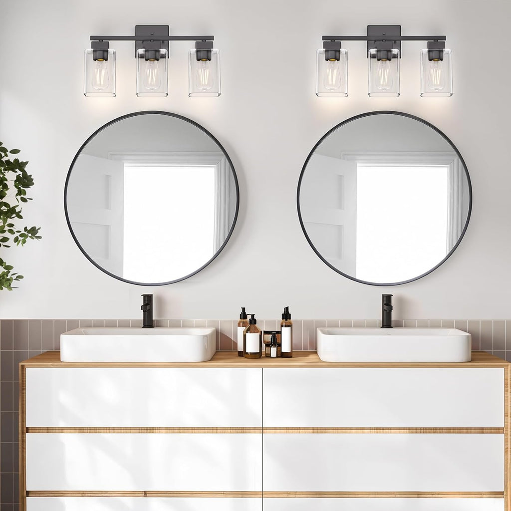 Matte Black Bathroom Vanity Light, 3-Light Vanity Lighting fixtures Over Mirror, Square Design & UL Certification, Wall Sconces with Clear Glass Shades, E26 Socket (Bulbs Not Included)
