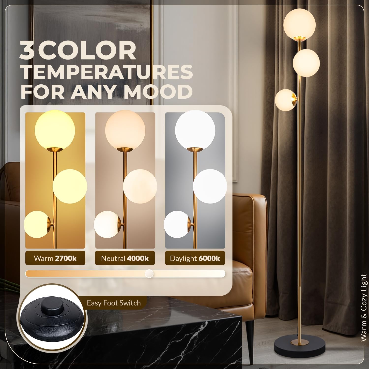 Gold 3-Globe Glass Floor Lamp, Modern LED Standing Lamp for Home