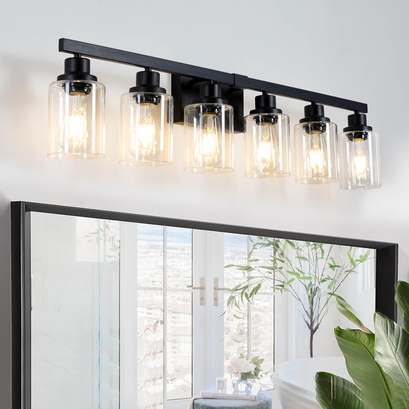 4-Light Bathroom Vanity Light, Modern Matte Black Wall Sconce Lighting with Clear Glass Shade, Bathroom Lighting Fixtures Over Mirror,Vintage Wall Mounted Lamps for Mirror Bedroom,Living Room