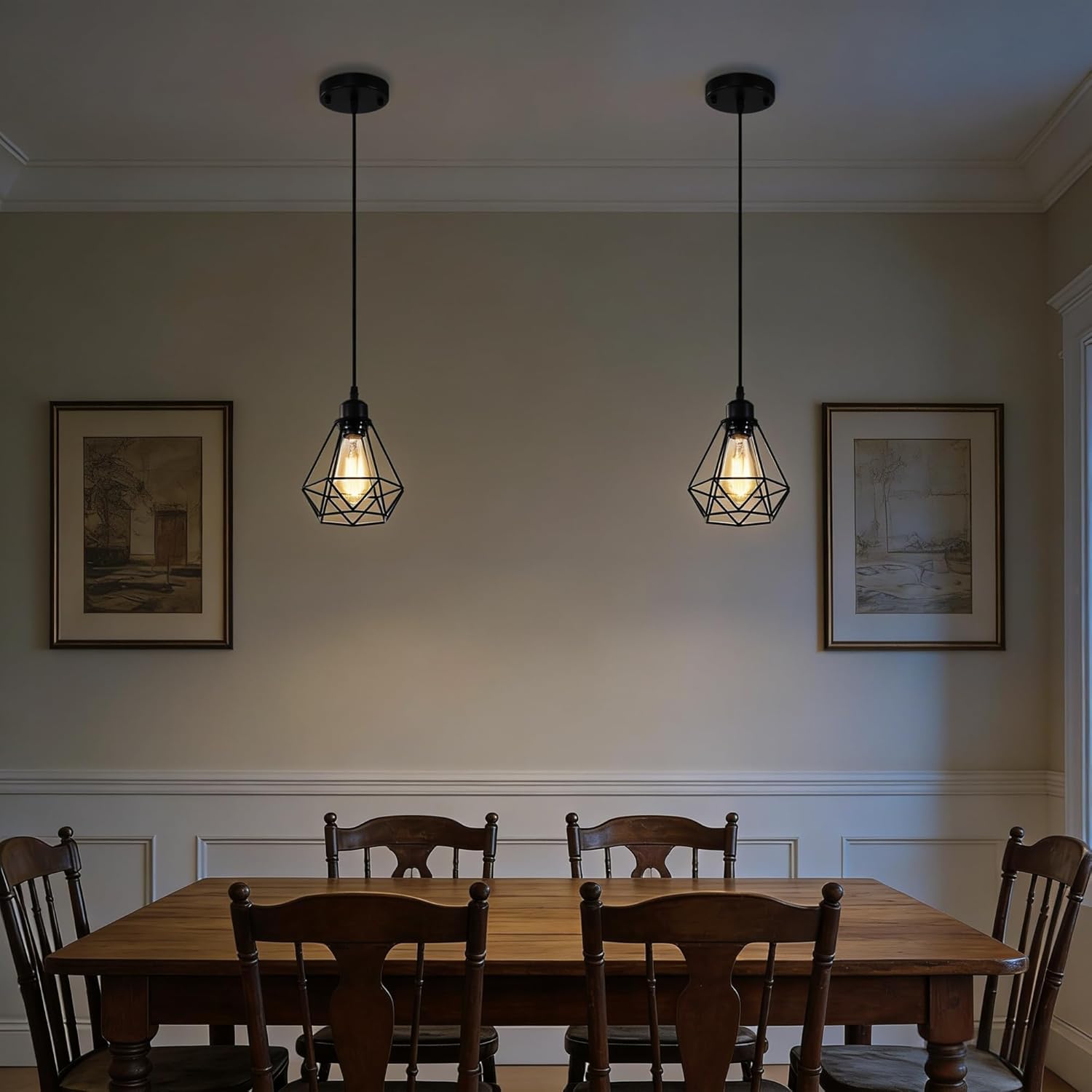 COTTAGE LIFE Black Pendant Light Fixtures 2 Pack, Farmhouse Industrial Metal Cage Pendant Lights, Adjustable Hanging Light Fixtures for Kitchen Island, Dining Room, Bar, Bedroom, Hallway