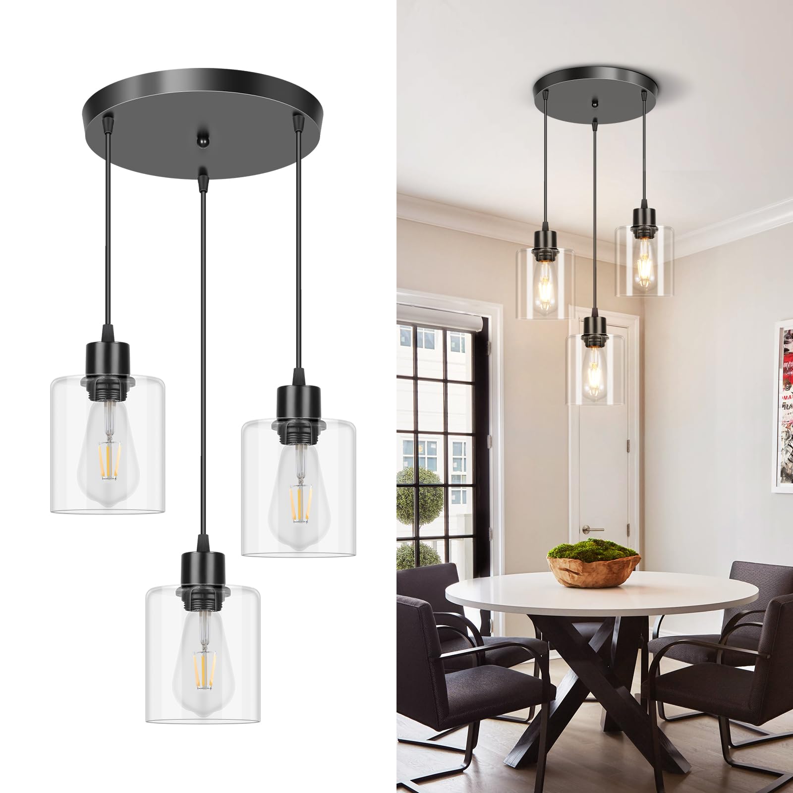 CANMEIJIA 3-Light Pendant Light Fixtures, Farmhouse Kitchen Island Light Fixture, Industrial Hanging Pendant Lighting for Dining Room Bedroom, Black Metal Cage Pendant, E26 Base, Bulbs Not Included