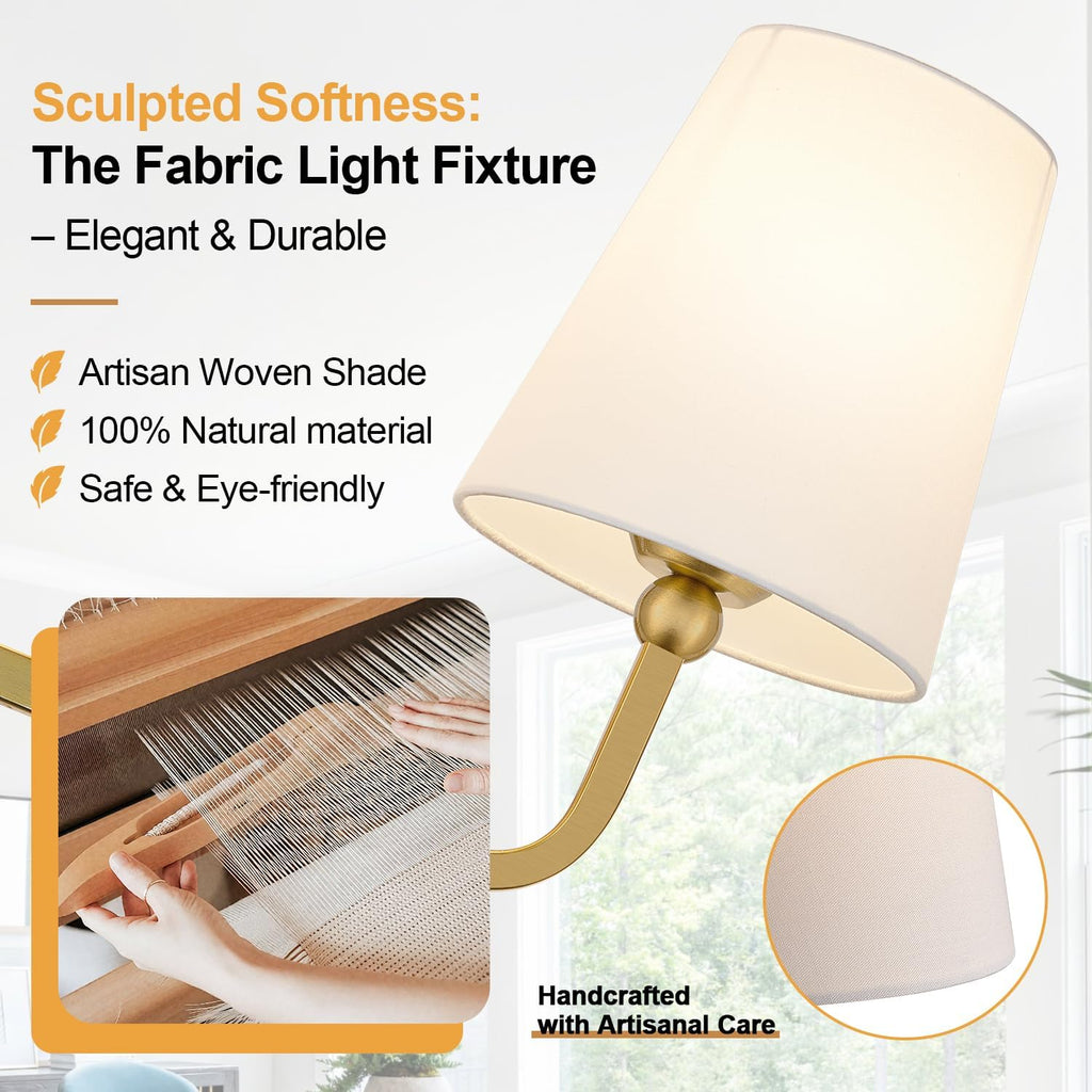 MOKATNG Bathroom Light Fixtures, 3-Light Brushed Gold Vanity Lights, Bathroom Lighting Fixtures Over Mirror with Flared White Fabric Shade, Modern Wall Sconces for Living Room Hallway