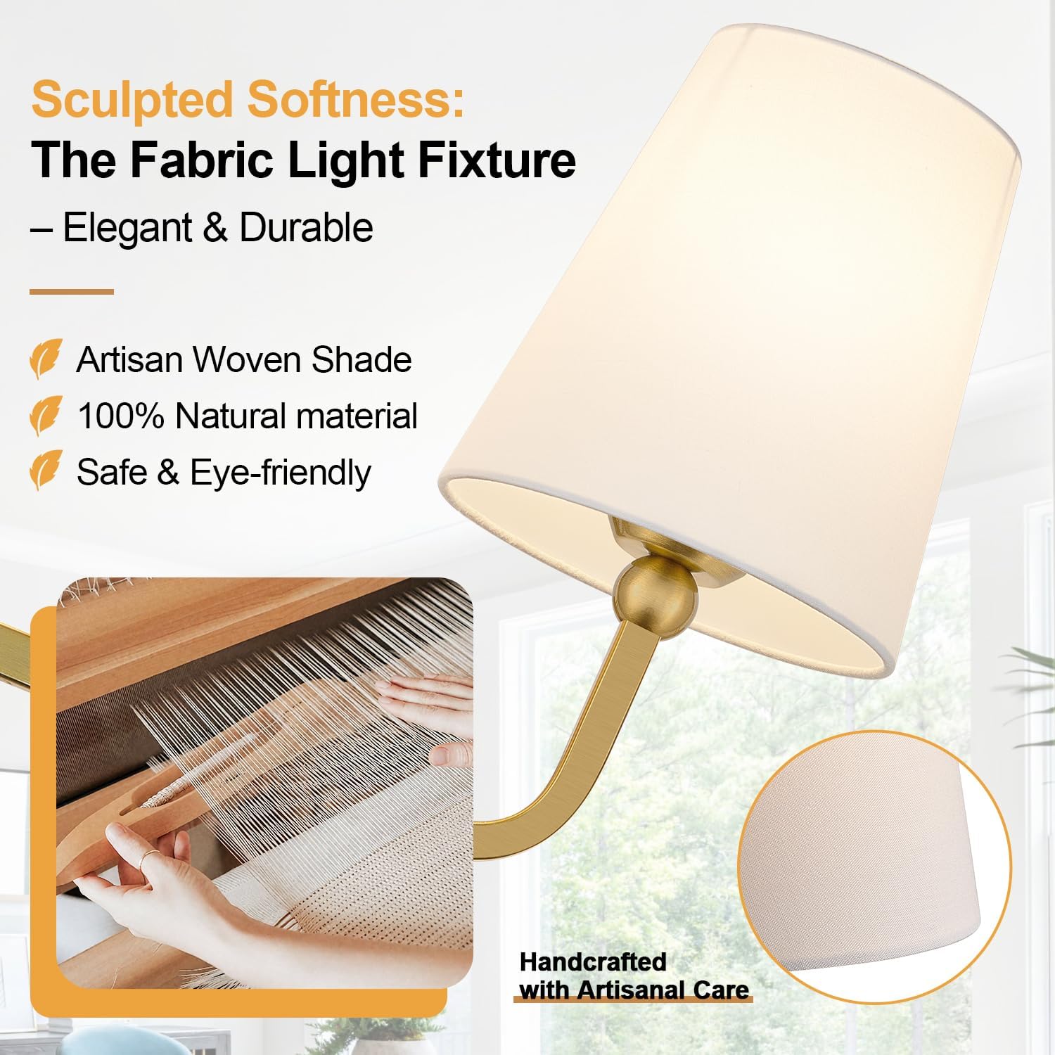 MOKATNG Bathroom Light Fixtures, 3-Light Brushed Gold Vanity Lights, Bathroom Lighting Fixtures Over Mirror with Flared White Fabric Shade, Modern Wall Sconces for Living Room Hallway