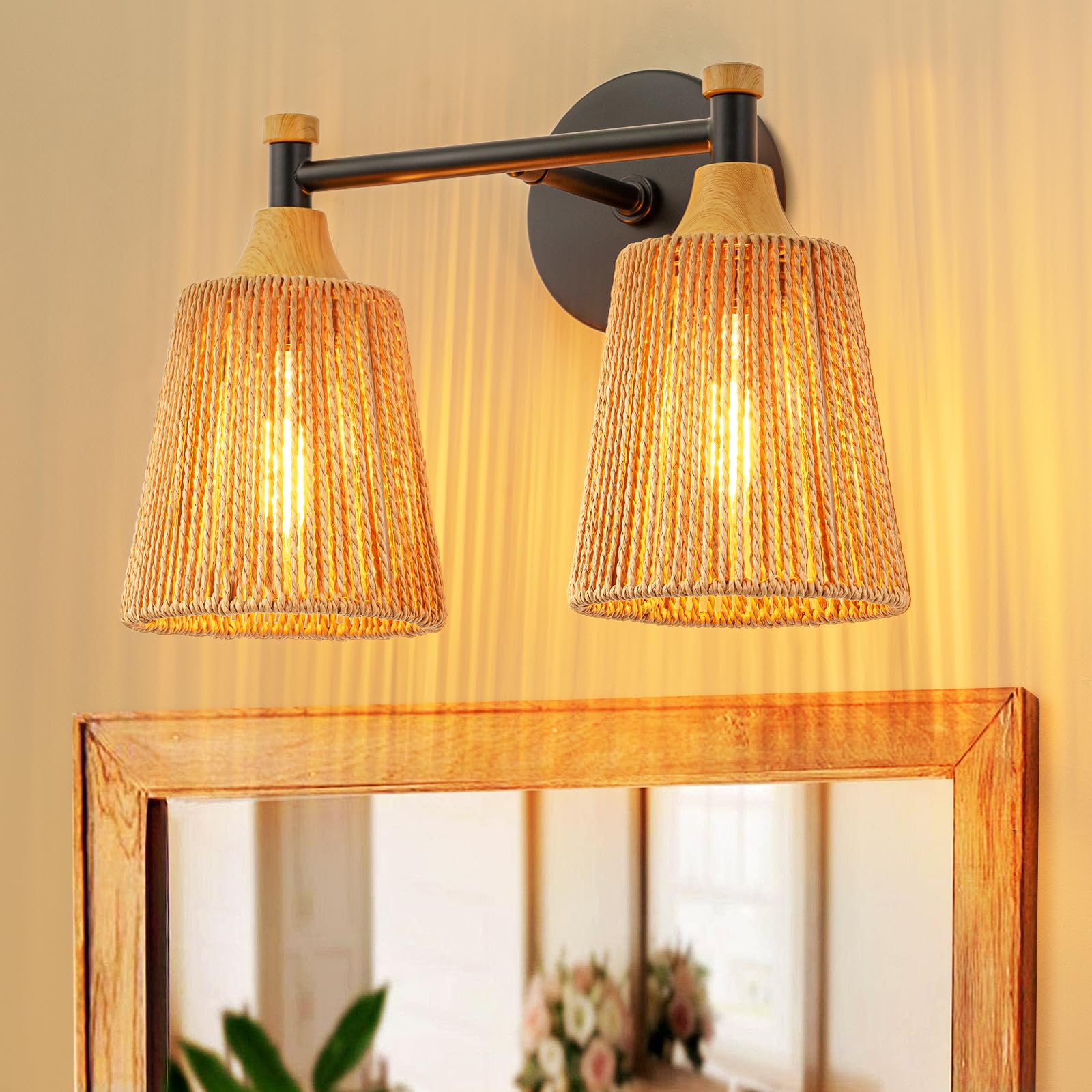 Boho Bathroom Light Fixtures, Rustic 2-Light Vanity Lights Over Mirror, Farmhouse Rattan Vanity Lighting with Hand-Woven Shades for Bedroom Bathroom Hallway Restroom