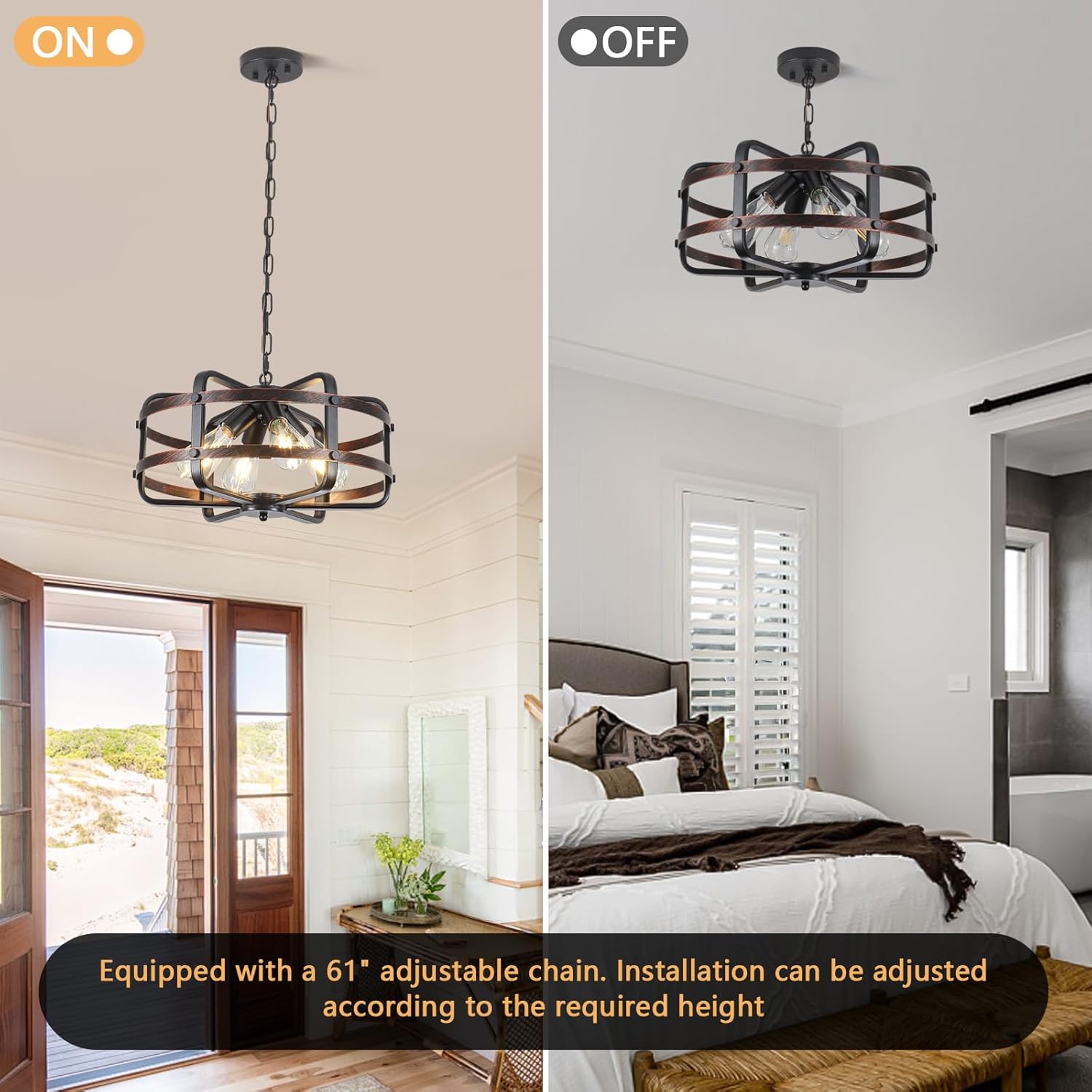 17.71" 4-Light Black Cage Chandelier, Modern Farmhouse Industrial Pendant Light for Dining Kitchen