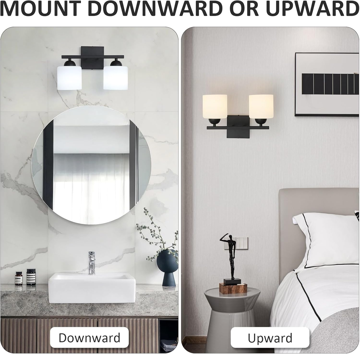 Matte Black 2-Light Bathroom Vanity Light, Glass Shade Wall Sconce