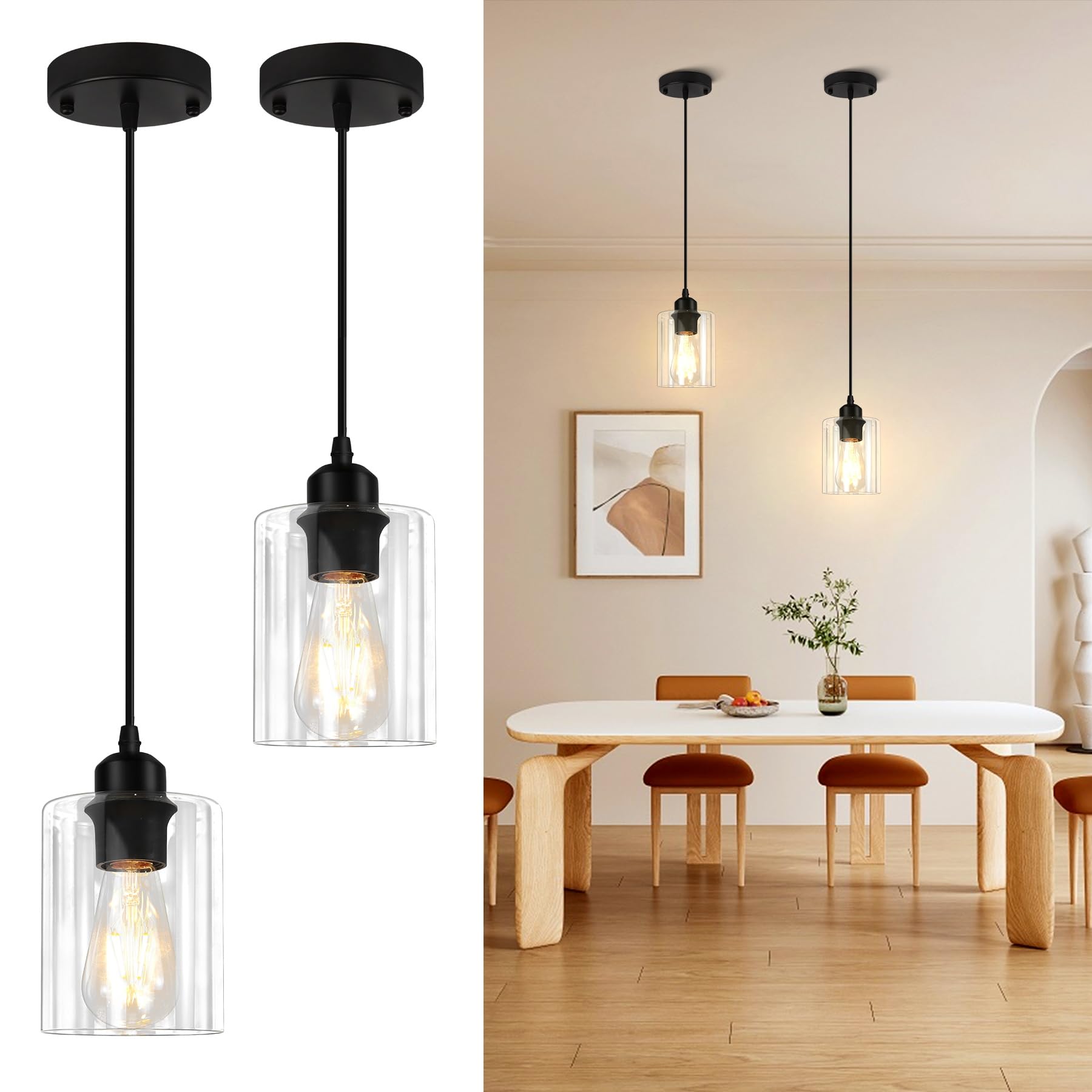 CANMEIJIA 3-Light Pendant Light Fixtures, Farmhouse Kitchen Island Light Fixture, Industrial Hanging Pendant Lighting for Dining Room Bedroom, Black Metal Cage Pendant, E26 Base, Bulbs Not Included