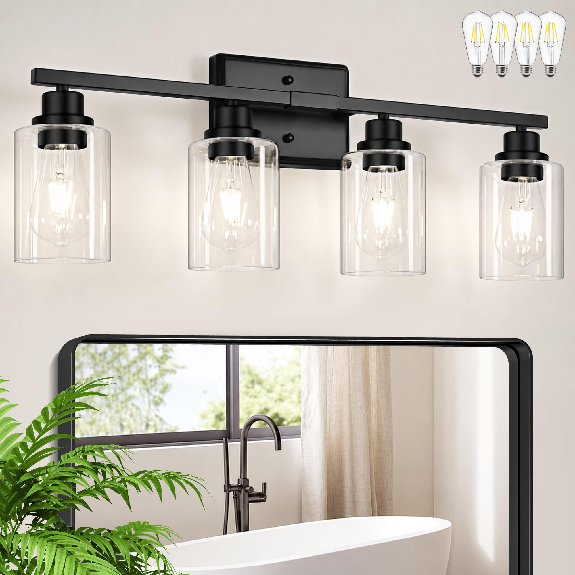 Unicozin 3 Light Bathroom Light Fixtures, Modern Vanity Lights Over Mirror, Black Wall Lamp with Clear Glass for Living Room Cabinet Bedroom Porch