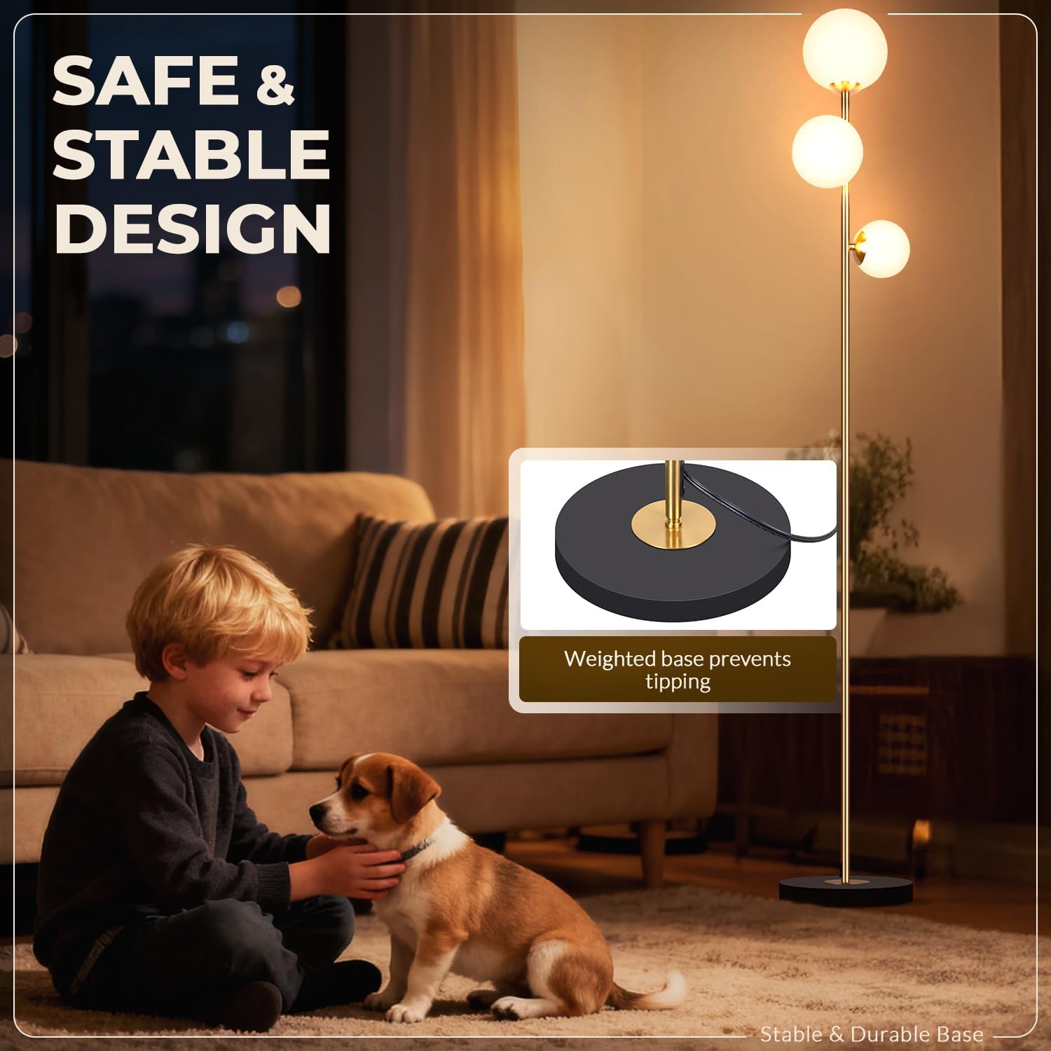 Gold 3-Globe Glass Floor Lamp, Modern LED Standing Lamp for Home