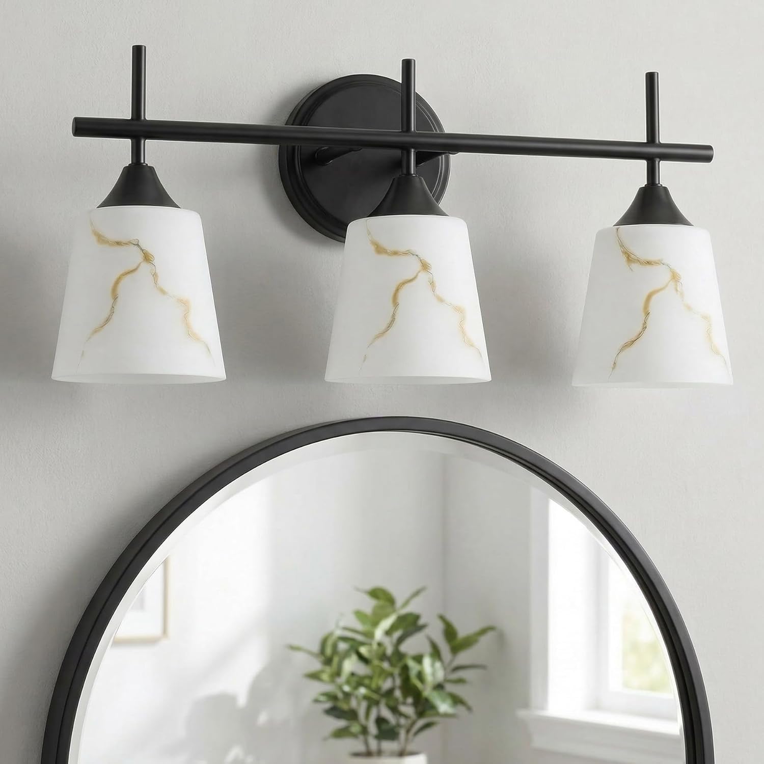 3-Light Black Mid Century Bathroom Light Fixture, Modern Vanity Light with White Marble Glass Shade, for Bathroom Mirror, Living Room, Bedroom, Hallway, E26 Base