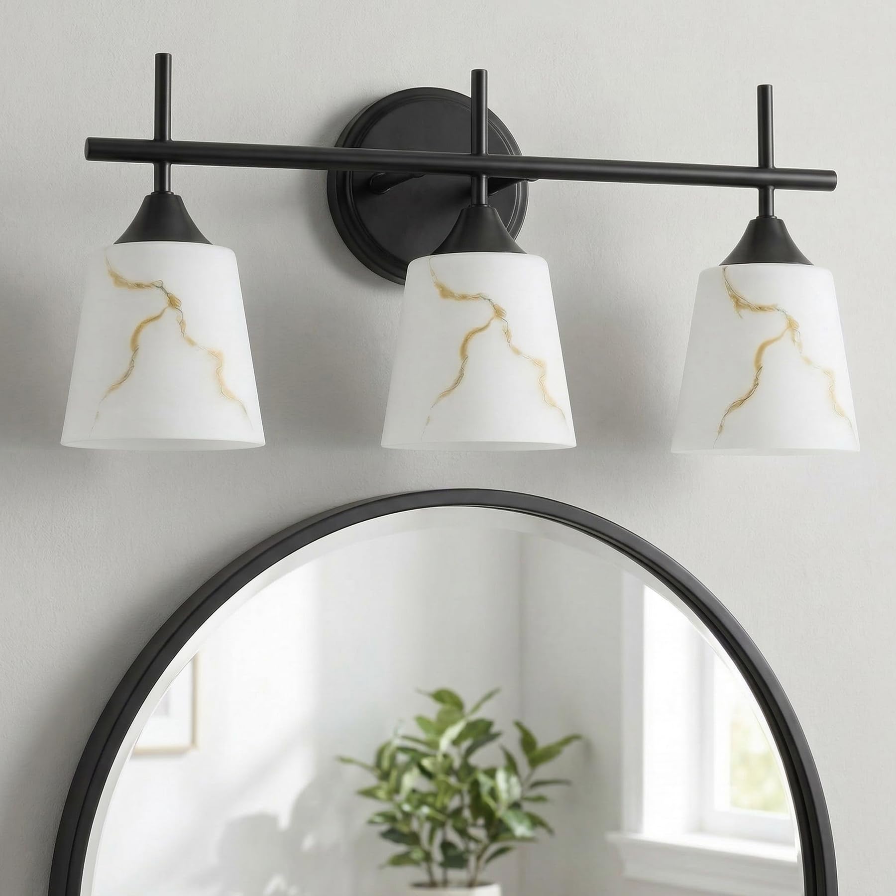 3-Light Black Mid Century Bathroom Light Fixture, Modern Vanity Light with White Marble Glass Shade, for Bathroom Mirror, Living Room, Bedroom, Hallway, E26 Base